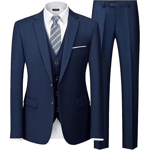 YND Men's 3 Piece Suit Set with Tie, 2 Button Slim Fit Solid Blazer Jacket Vest Pants, Business Wedding Party Suits for Men
