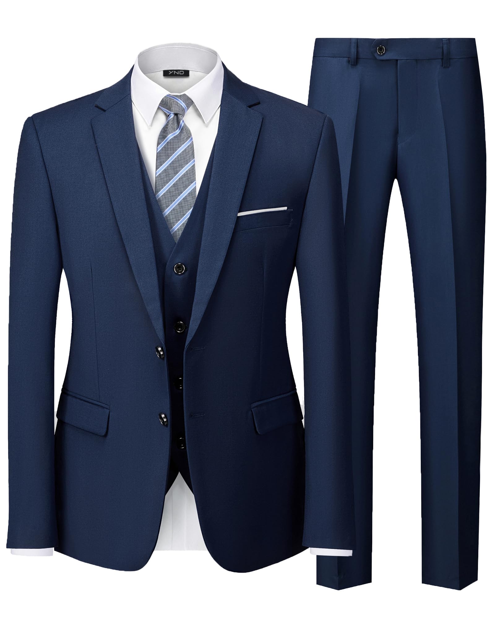 YND Men's Slim Fit 2 Button 3 Piece Suit Set, Blazer Jacket Vest Pants and Tie, Solid Wedding Dress Tux and Trousers Deep Blue