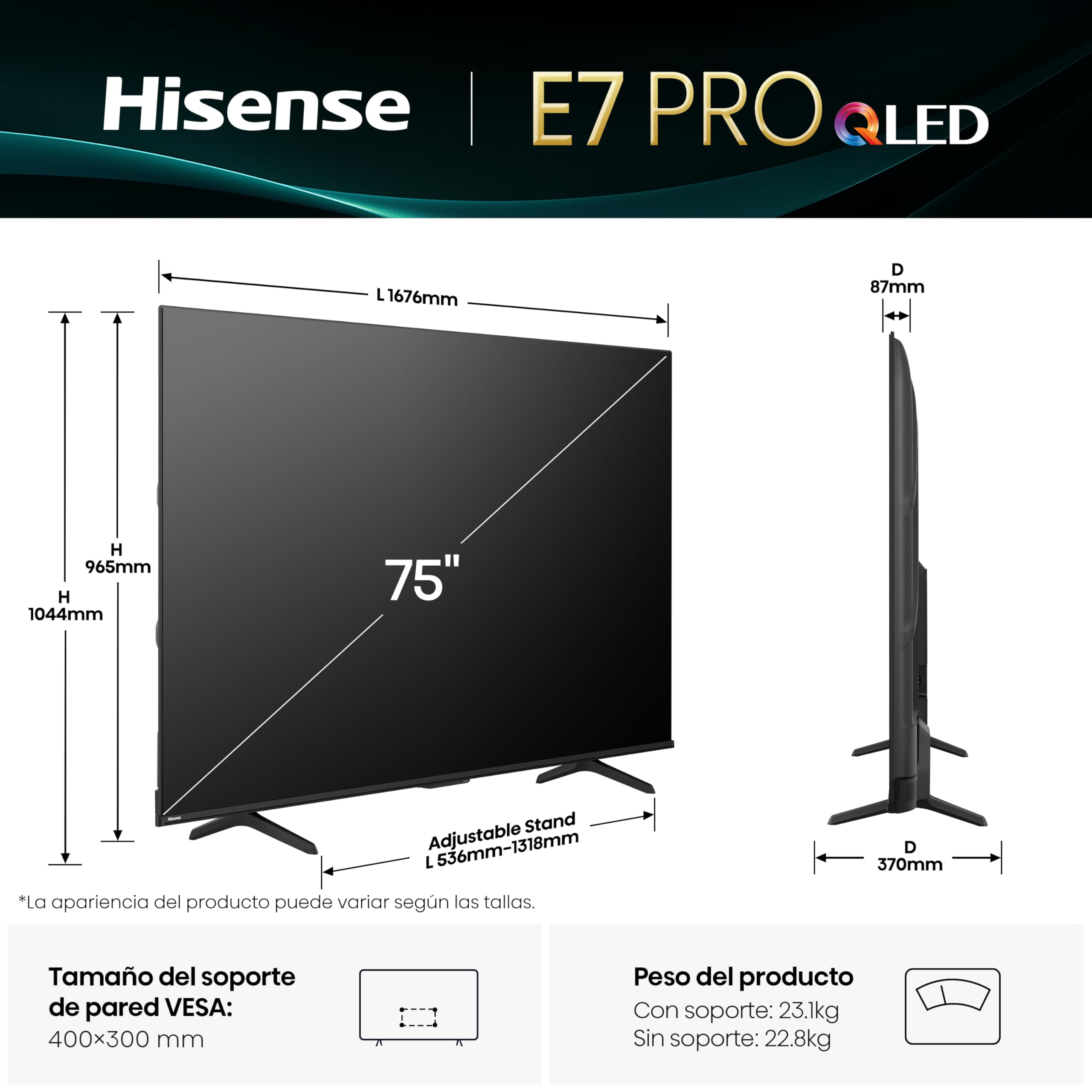 Hisense 75E7Q Pro - QLED Smart TV, Gaming TV, Modo Juego Pro 144Hz, AMD Freesync Premium Pro, Dolby Vision IQ + Dolby Atmos, Hi-Concerto, Procesador Hi-View Engine