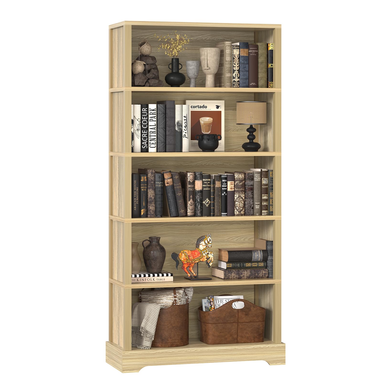 TVU 5-Tier Wooden Bookshelf, 65" Tall Farmhouse Style Open Bookcase, 31.5" W Standing Book Shelf with Storage, Suitable for Study, Living Room, Office, Natural Wood Color