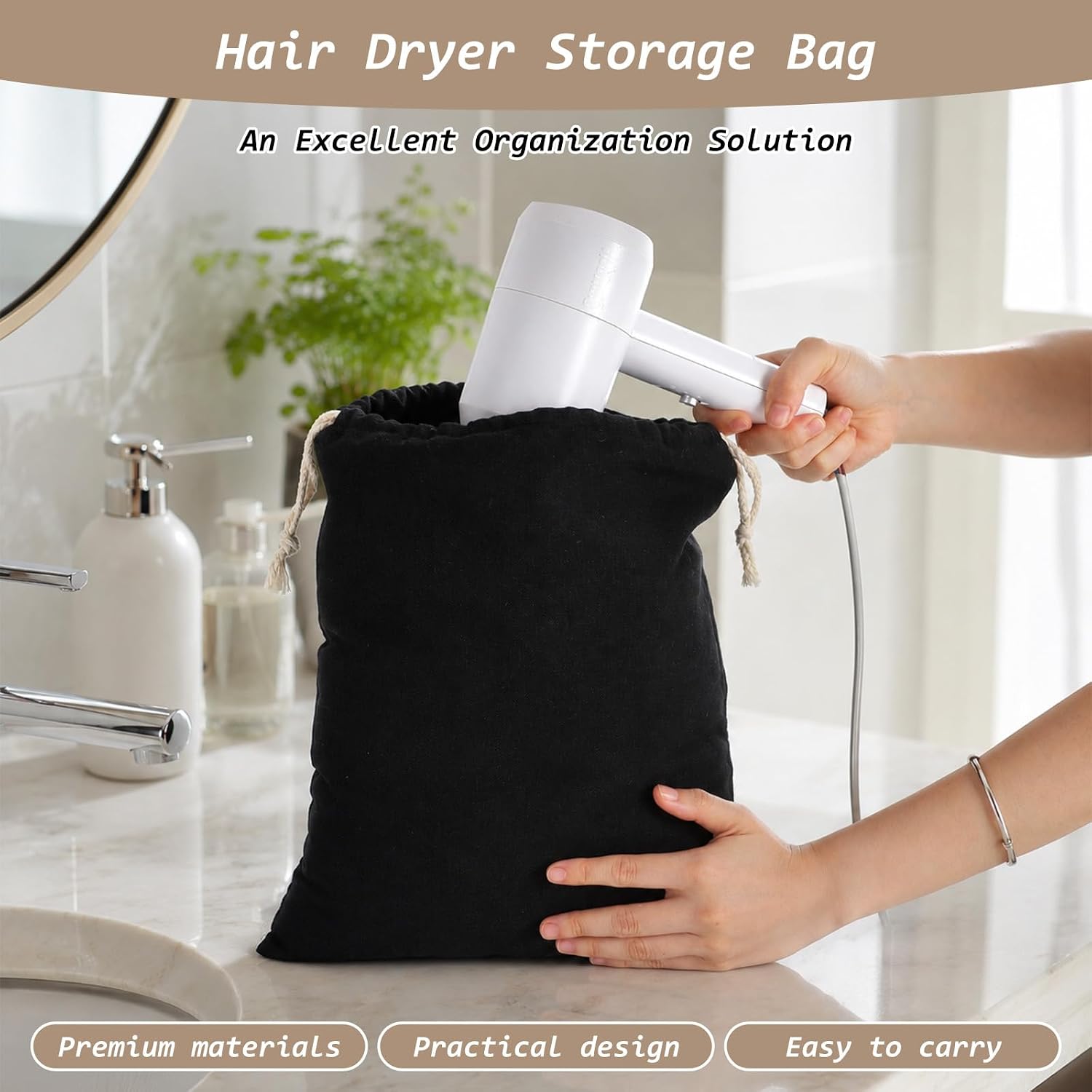 10 Pack Hair Dryer Bags Blow Dryer Bag Drawstring Storage Pouch for Travel Bathroom Black