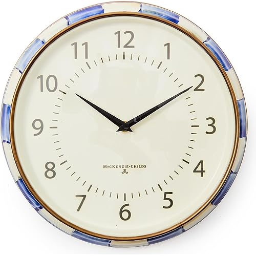 MACKENZIE-CHILDS Wall Clock, Decorative Clock for Kitchen and Living Room, Blue-and-White Royal Check