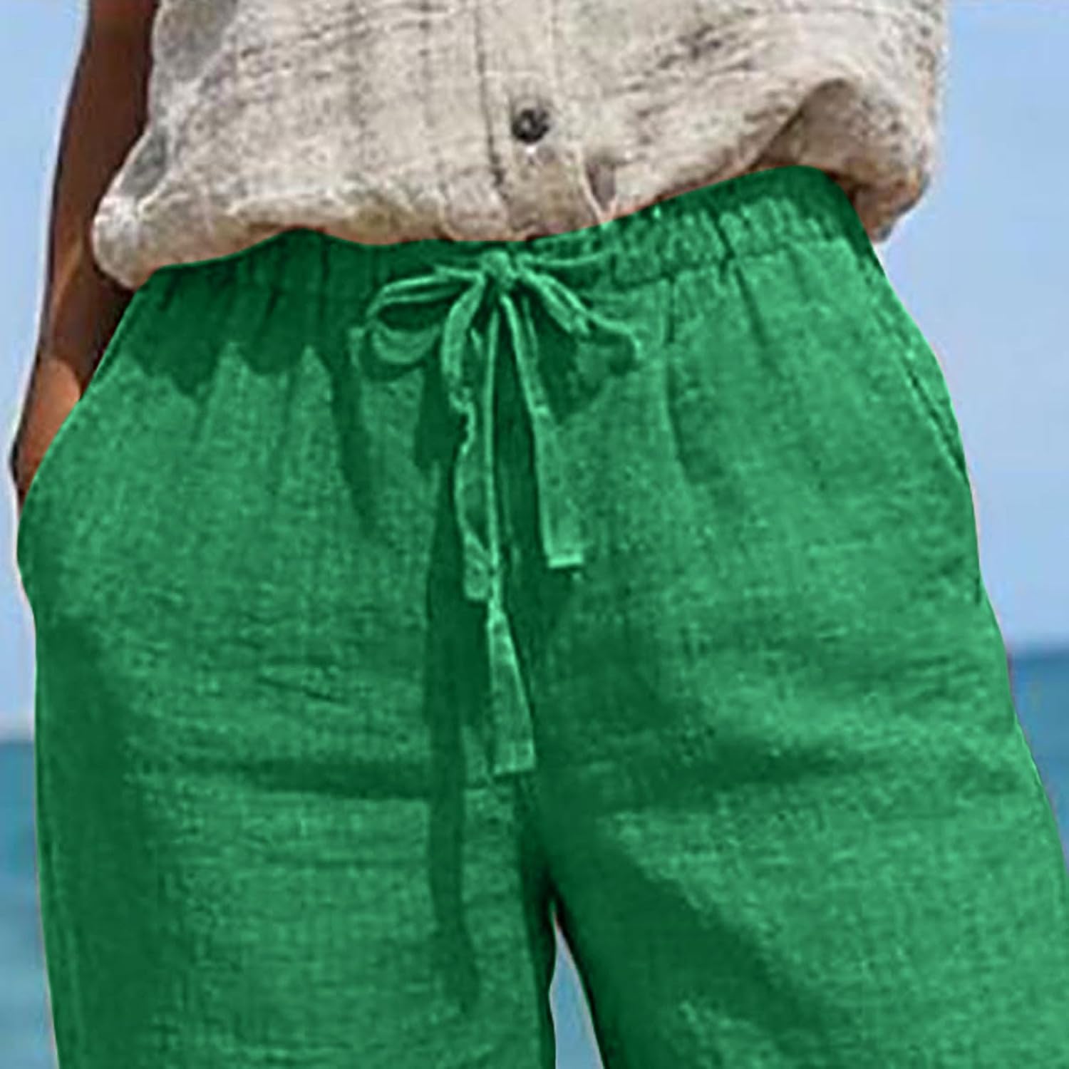 Cotton Linen Capri Pant for Women Casual Summer Drawstring Elastic Waist Cropped Capri Shorts with Pockets