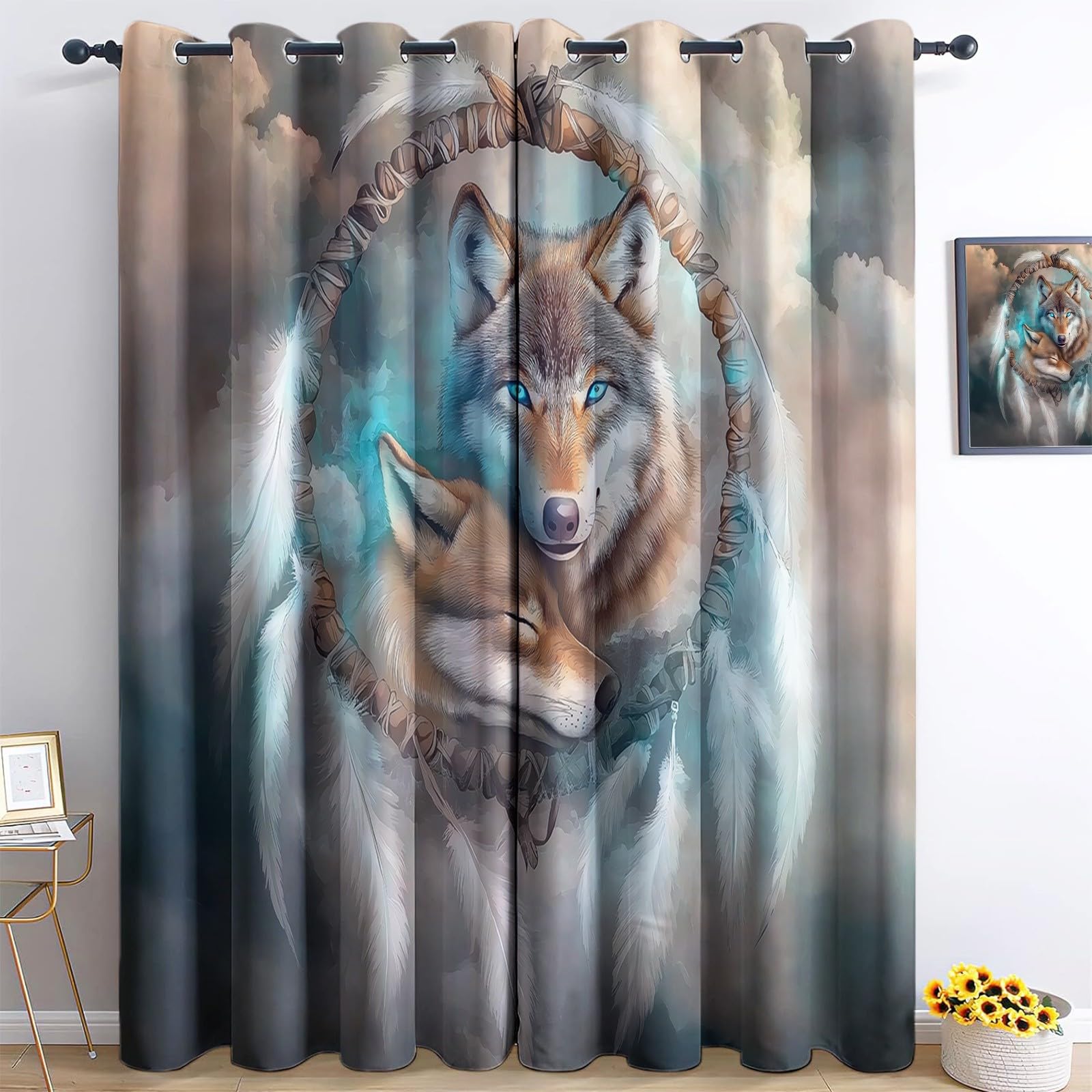 Generisch H215 x B220 cm Vorhang Wärmeisolierend Set, Traumfänger Blickdichte Gardinen, Traumfänger Feder Wolf Thermo Vorhänge für Schlafzimmer Wohnzimmer Kinderzimmer Küche Fensterdekoration