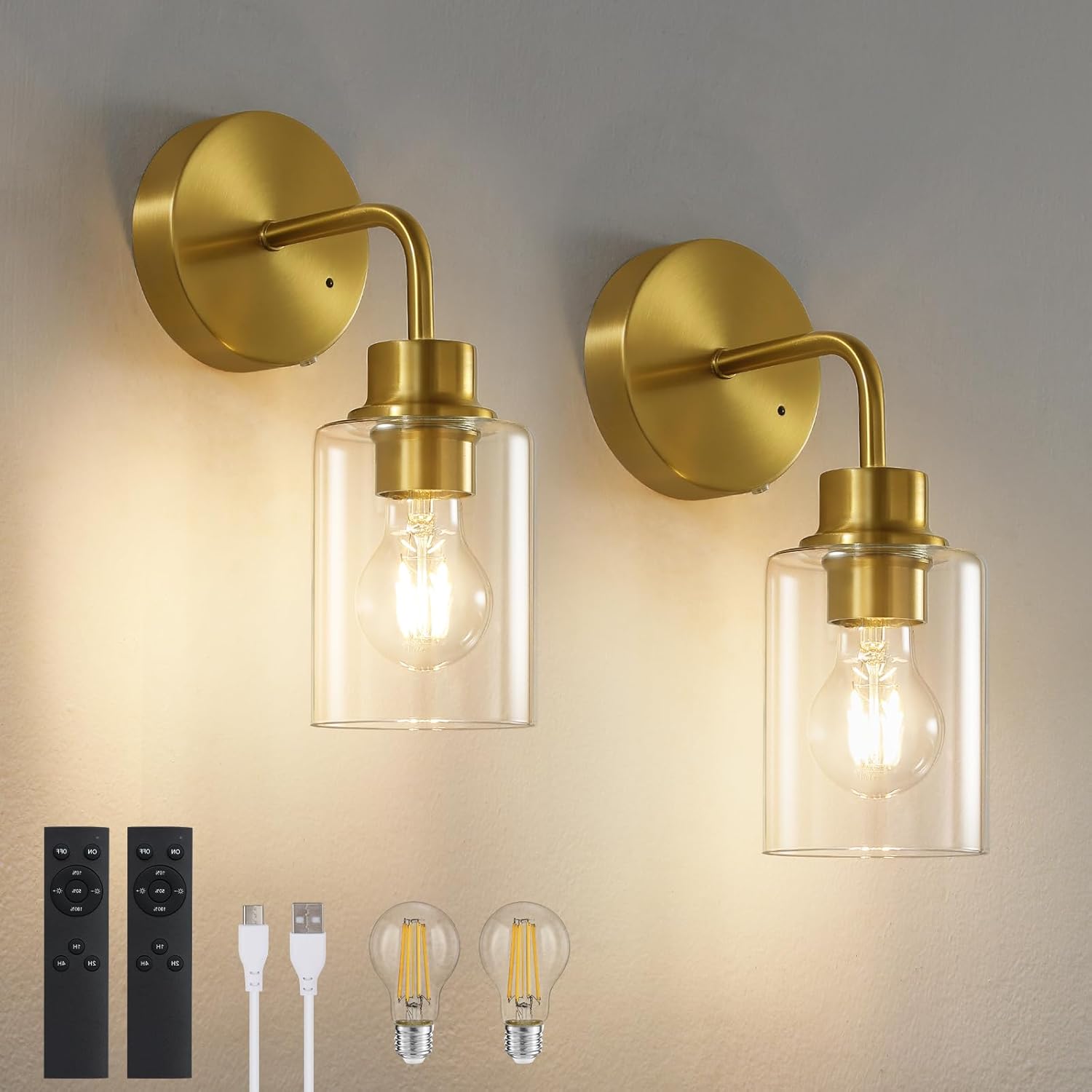 Battery Operated Wall Sconce Set of Two - Dimmable Wireless Sconces Set of 2 with Remote Control, Cordless Rechargeable Gold Wall Lights 3000K Modern Wall lamp for Bathroom Bedroom Living Room Gold 2 Pack