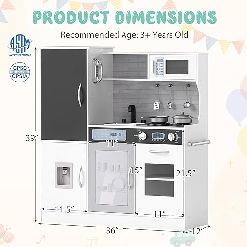 Miniatura 7 de Costzon Juego de cocina para niños, juego de cocina grande de madera con sonidos y luces reales, microondas, pizarra, horno, máquina de hielo,