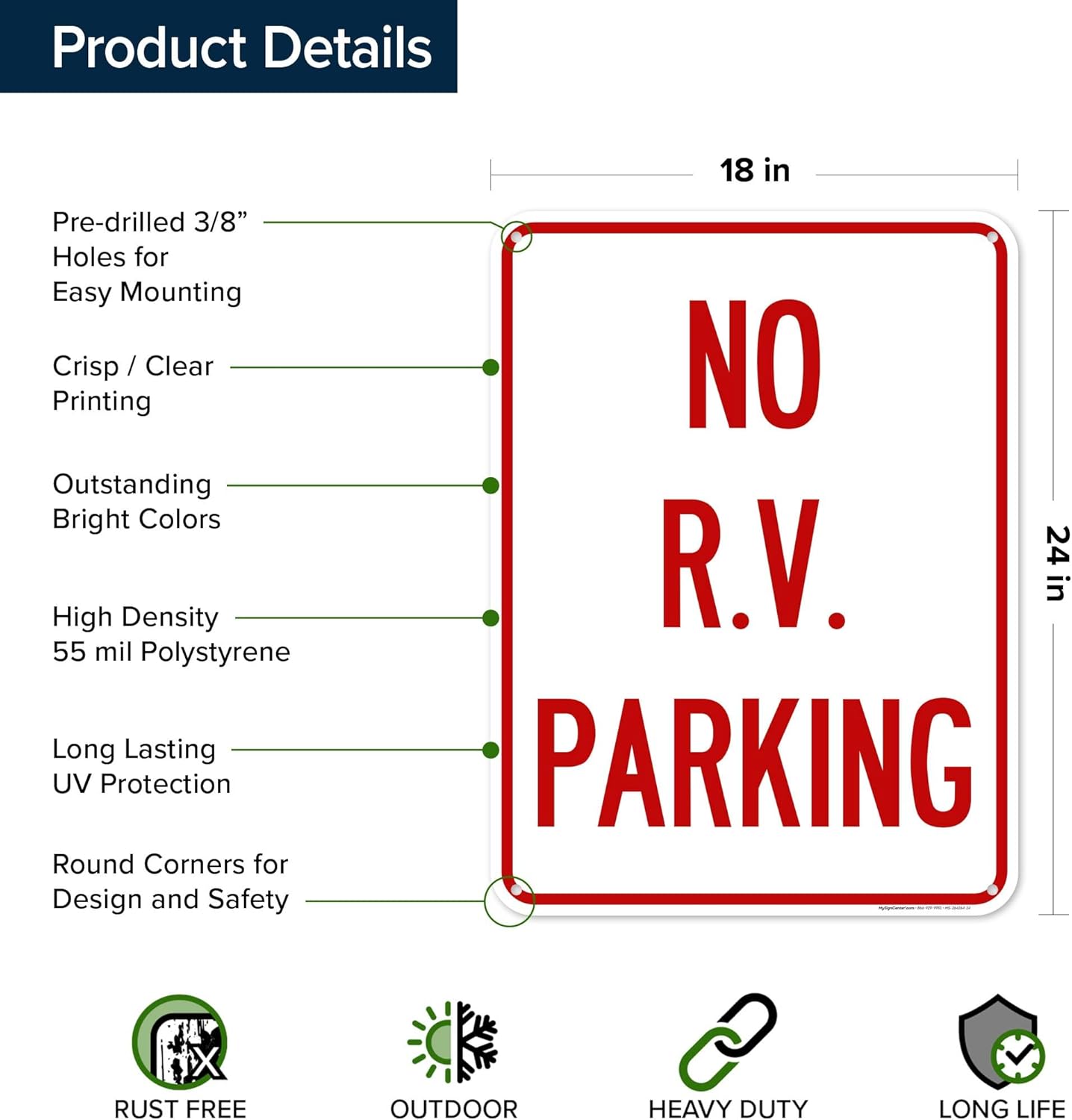 No Rv Parking Sign, 18x24 Inches, 55 mil thick HDPS (high density polystyrene), Made in USA by My Sign Center