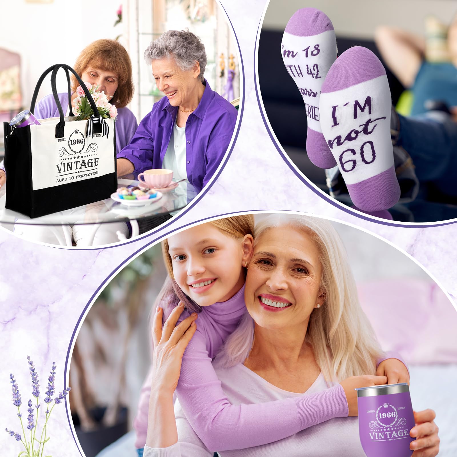 Patelai 8 piezas de regalos de 60 cumpleaños para mujeres, regalos de 60 años para mujer de 60 años, vintage, 1965, cesta de vaso, bolsa de mano, juego de regalos de cumpleaños para mamá de 60 años
