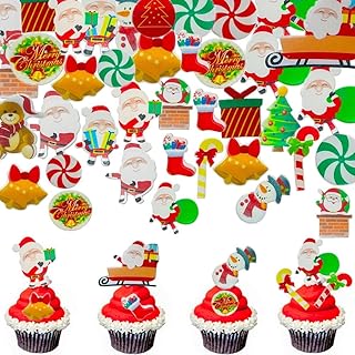 Morofme 300pcs Edible Christmas Cupcake Decoration, Toppers, Wafer Paper, Santa Clause, Xmas Tree, Snowman Holiday Cake Decor for Christmas Theme Party