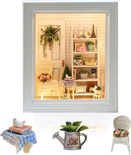 Cuteefun Miniature DIY Dolls House Kit, Wooden Photo Frame Style Kit with Furniture, LED Warm Light, Dust Proof, Handmade Crafts for Adults Birthday, Valentine's Day, Father's Day(Sunny House)