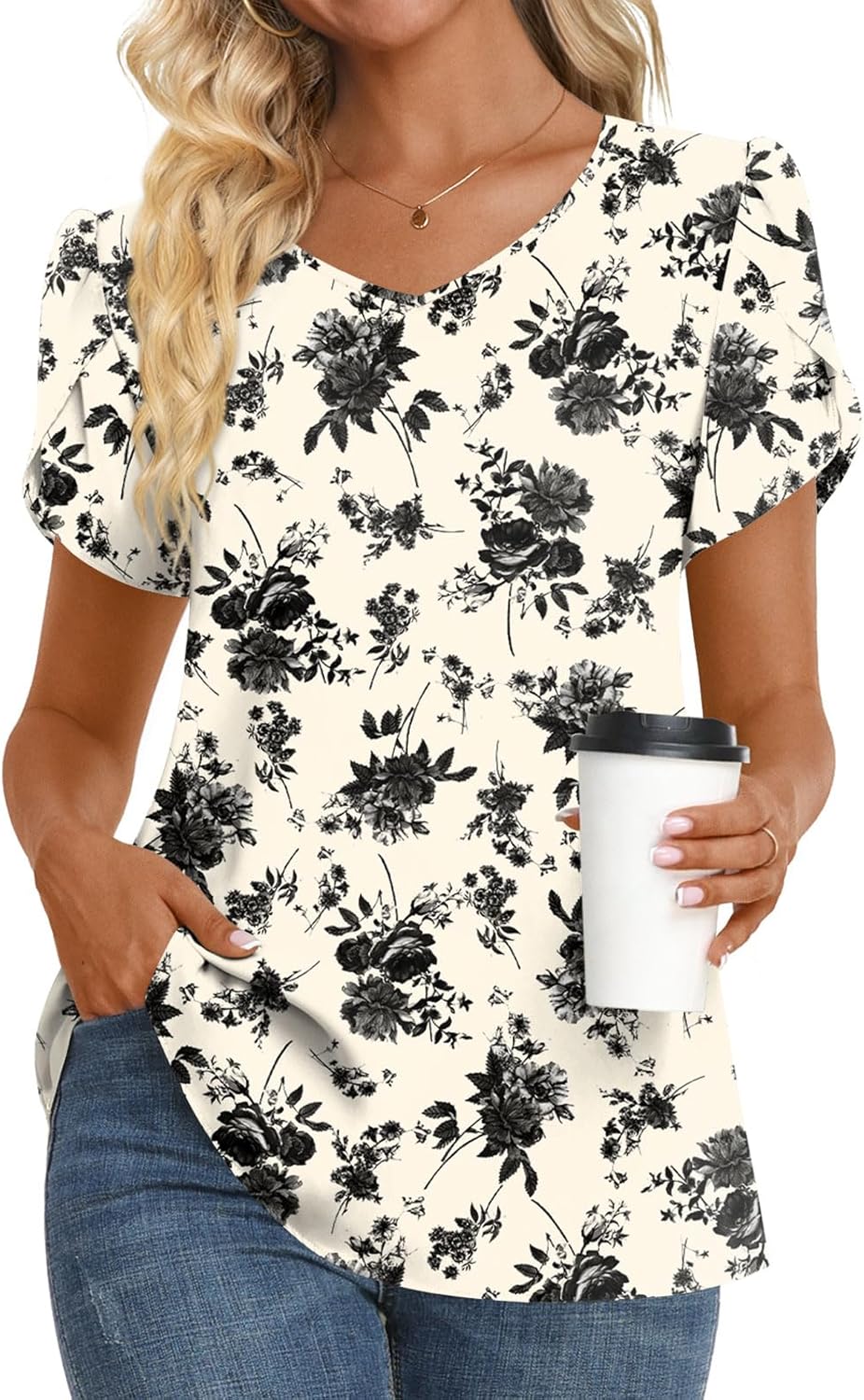 HOTGIFT Womens Tunic Tops 2025 Summer Short Sleeve V Neck Chiffon T Shirt M-3XL