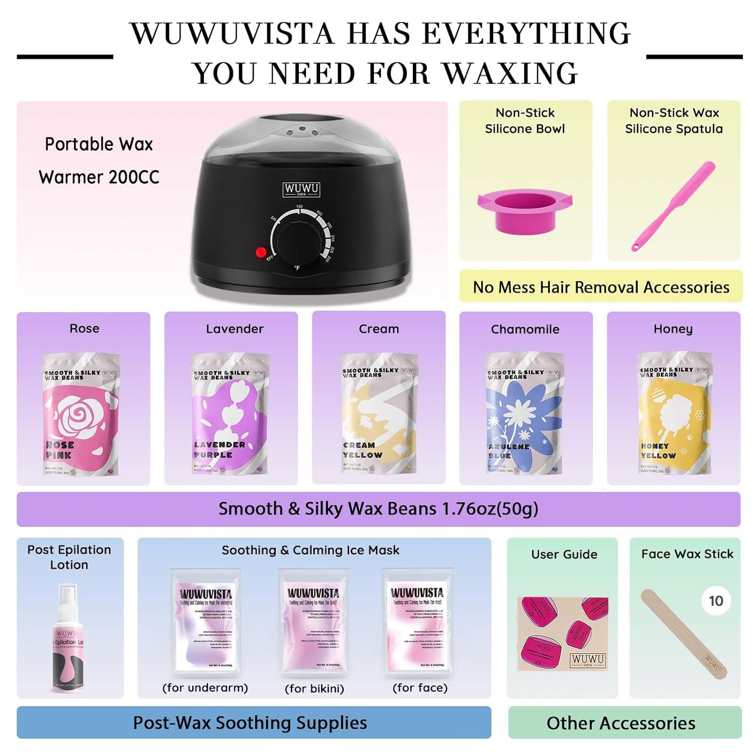 Waxing Kit Hair Removal Hard Wax Kit with Wax Warmer & Waxing Beads for Women & Men - Professional at home Wax Pot for Face/Brazilian/Full Body/Bikini/Sensitive Skin （Black,23Items)