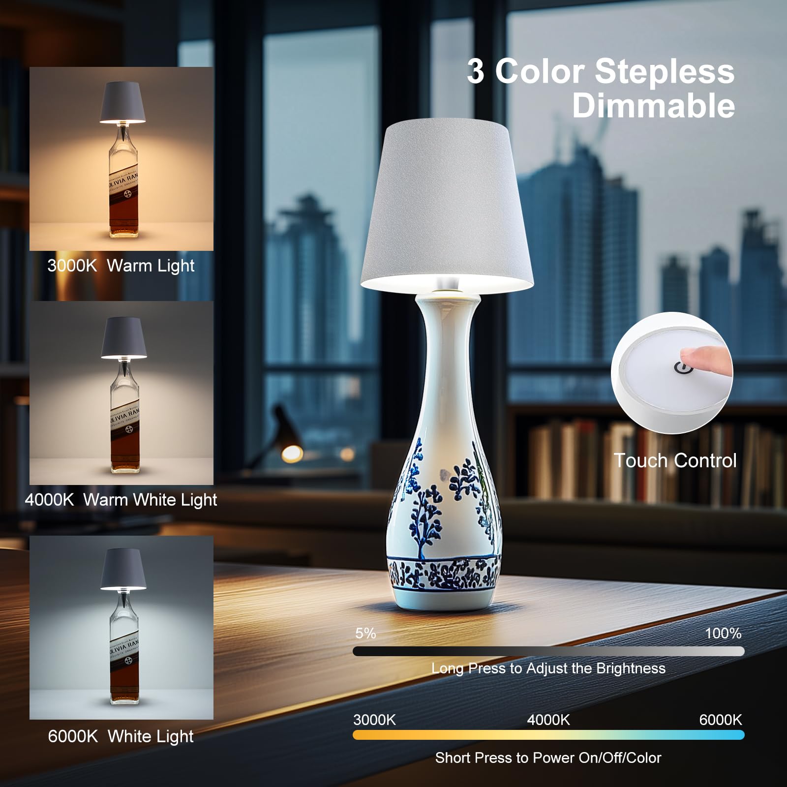Lámpara inalámbrica para colocar sobre botella, 3 colores, recargable, para botella de vino, iluminación para bares y restaurantes, color bronce, una unidad 2