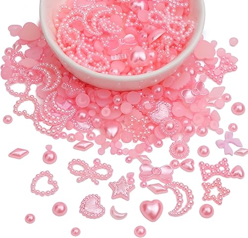 900 dijes de uñas de múltiples formas 3D rosas y perlas de parte trasera plana, perlas huecas, estrellas, arco, corazón, estrella, luna, dijes de