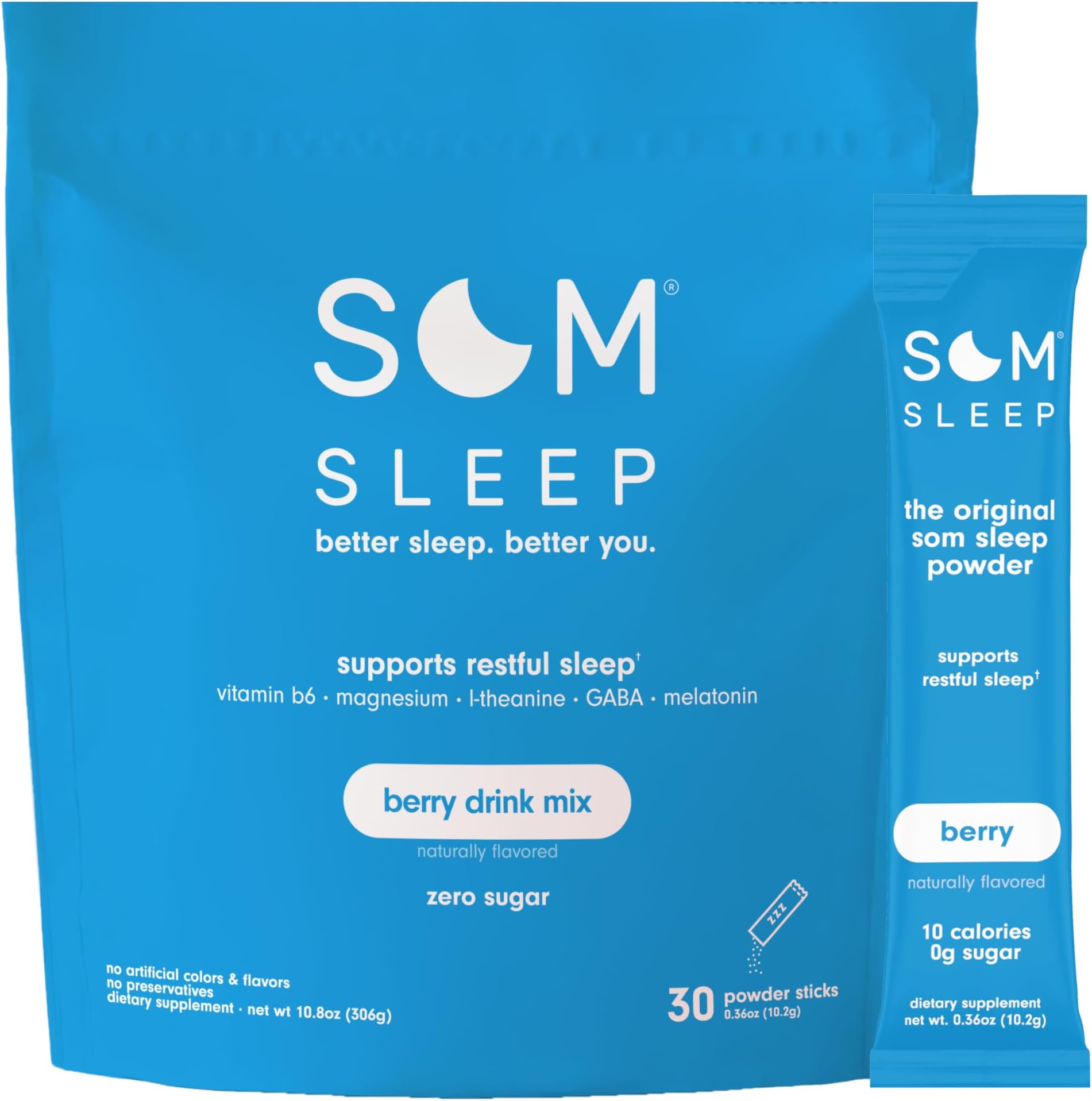 Som Sleep, Calm Sleep Nighttime Powder Drink Mix, Melatonin 3mg, Magnesium, Vitamin B6, L-Theanine & GABA – Vegan, Zero Sugar – Berry, 30-Pack