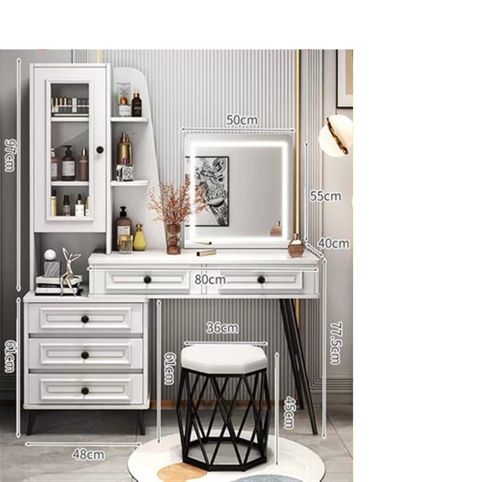 Modernes Make-up mit Spiegel und Kunstfell – Stilvolle Schlafzimmer-Kommode für Beauty-Essentials schickes Design für Make-up-Liebhaber, platzsparende Möbel