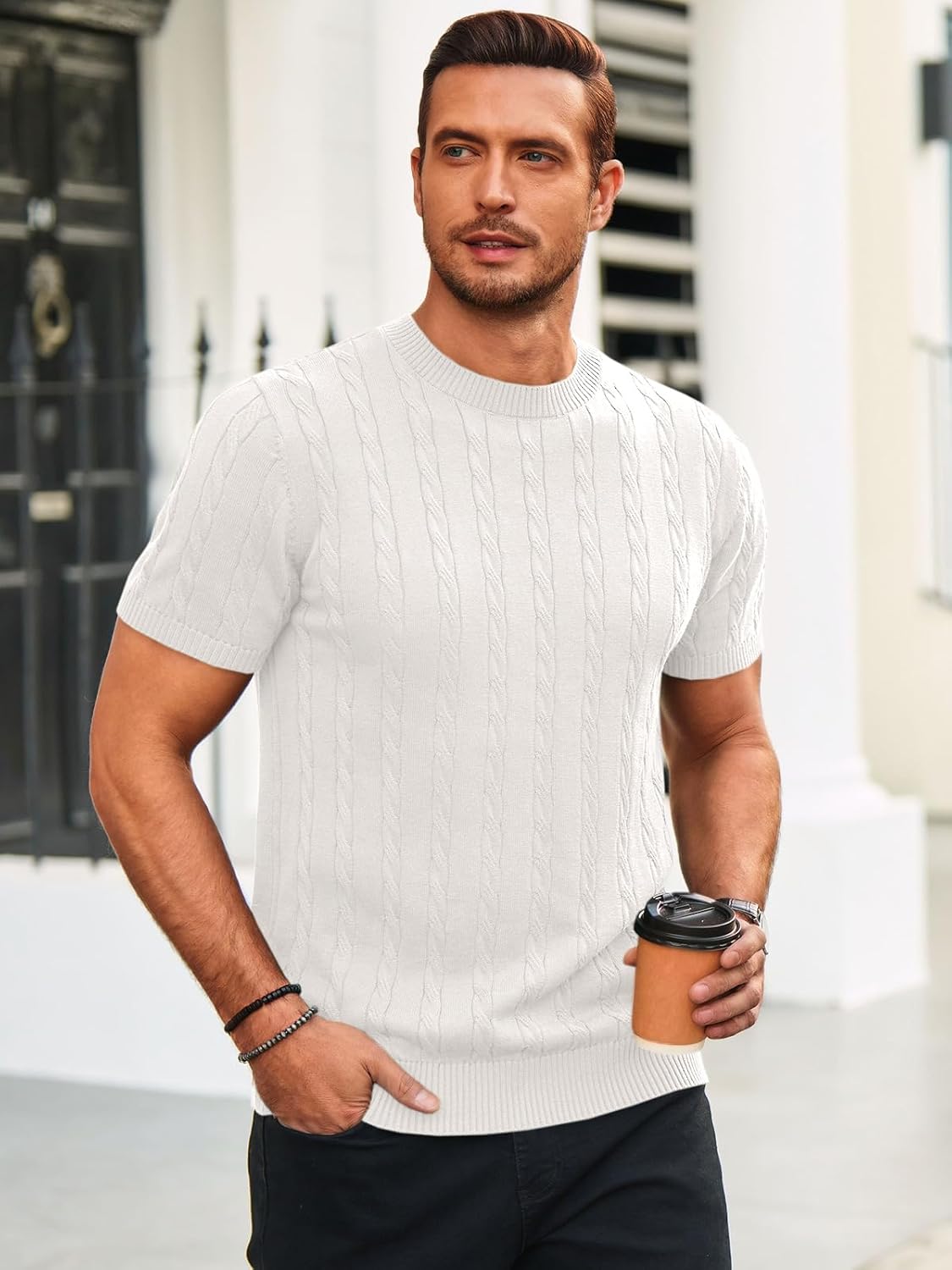 Runcati Mens Knit Short Sleeve T Shirts Casual Crewneck Slim Fit Shirt Cable Knitted Stretch Pullover Tees - Image 2