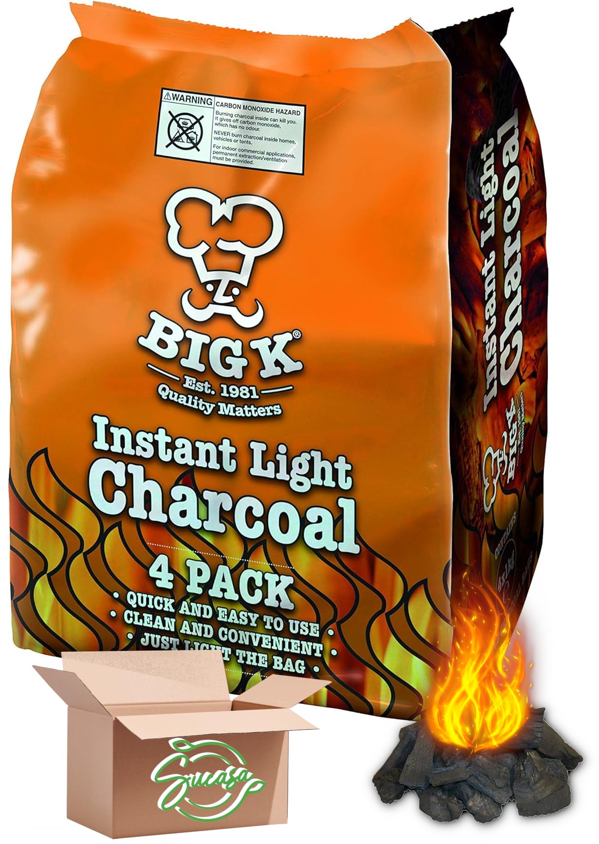 Big K Instant Light Lumpwood Charcoal, 4 X 1kg Bags Instant Lumpwood BBQ Charcoal Sucasa