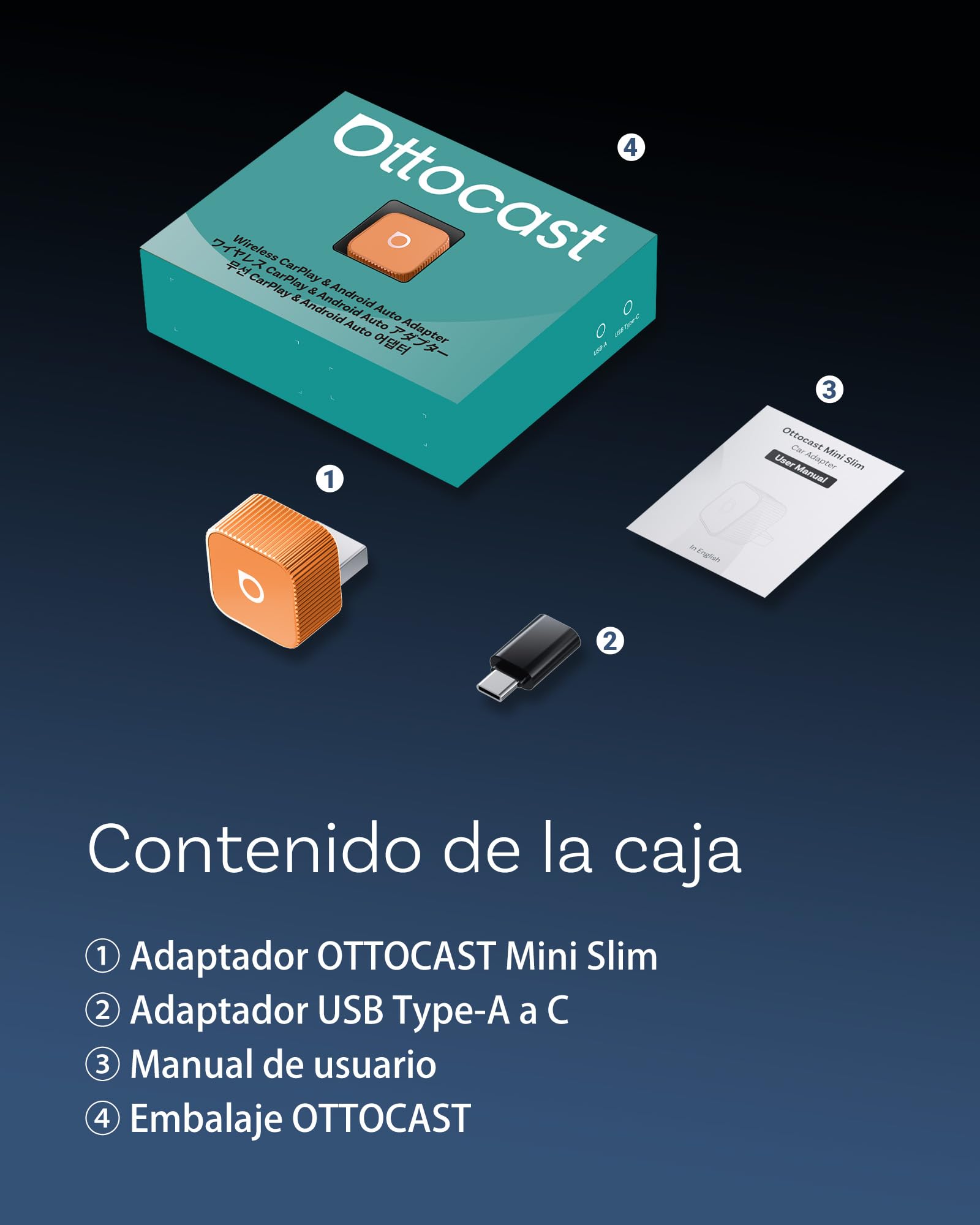 OTTOCAST Mini 3.0 Slim 2026 Upgrade Adaptador Wireless CarPlay, 2-en-1 para iPhone & Android Auto, Convierte CarPlay y Android Auto por Cable a inalámbrico, Naranja