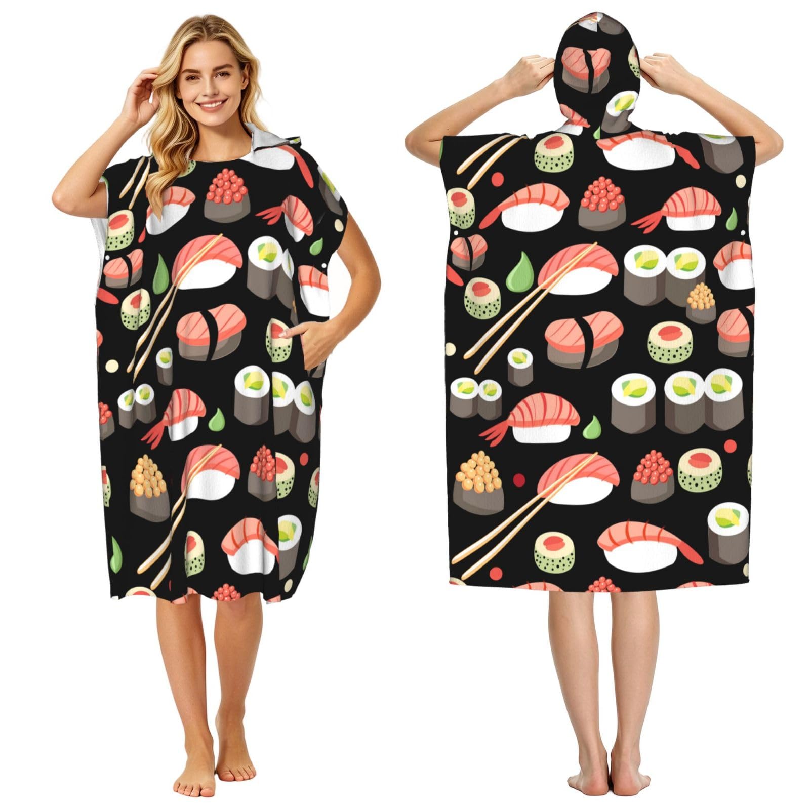 Poadnly Japanese Sushi Cuisine, Adult Hooded Beach Towel 90 x 110 cm,Changing Bath Robe, Surf Poncho Towel For Women Men