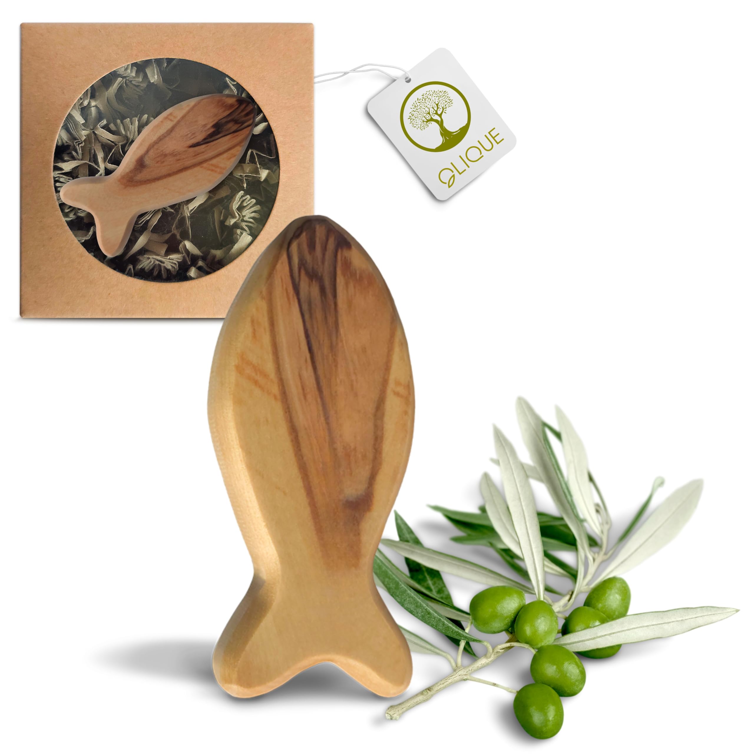 Poisson en bois d'olivier - Figurine artisanale faite à la main comme cadeau pour la naissance, le baptême, la communion et la confirmation (sans gravure)