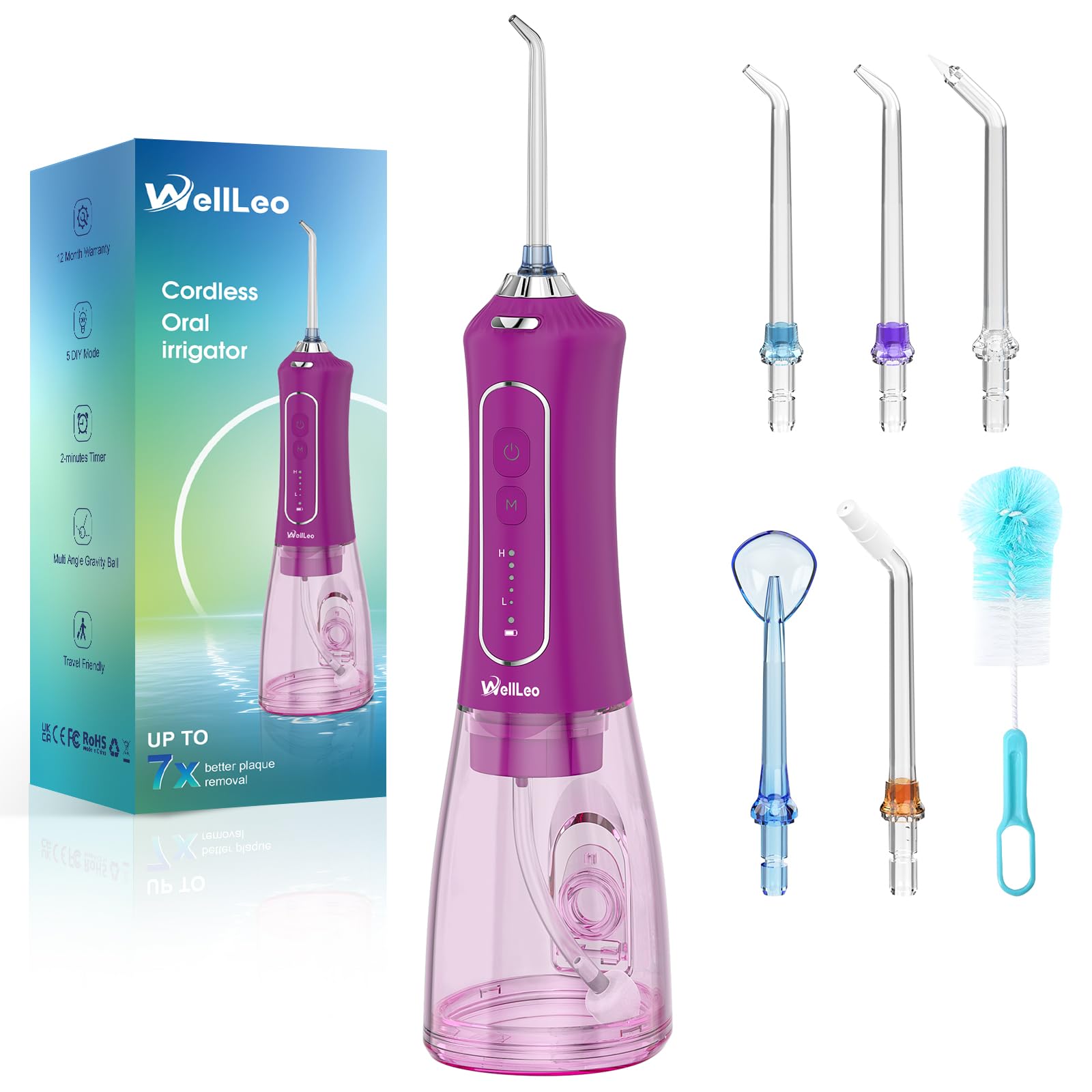 WellLeo Wasserseide für Zähne, 300 ml, schnurlose Munddusche, wiederaufladbar, Zahnseide, Zahnstocher mit 5 Modi, 5 Strahlspitzen, IPX7 wasserdichter Zahnreiniger für Zahnspangen, Zahnfleischpflege,