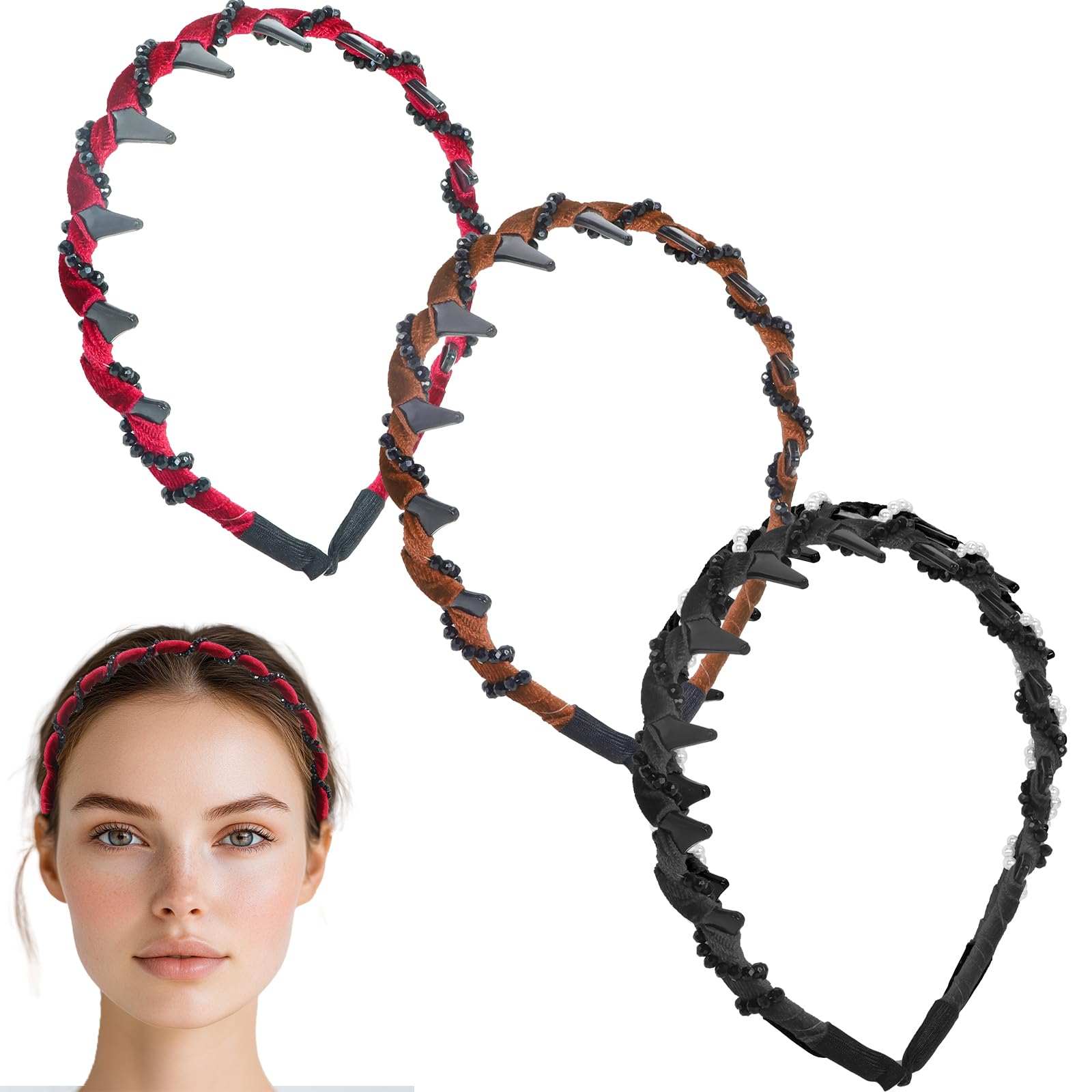 Bcautay 3 Pcs Zig Zag Headbands Pretty Headbands for Women Women's Fashion Headbands Comfortable Comb Hairbands with Teeth