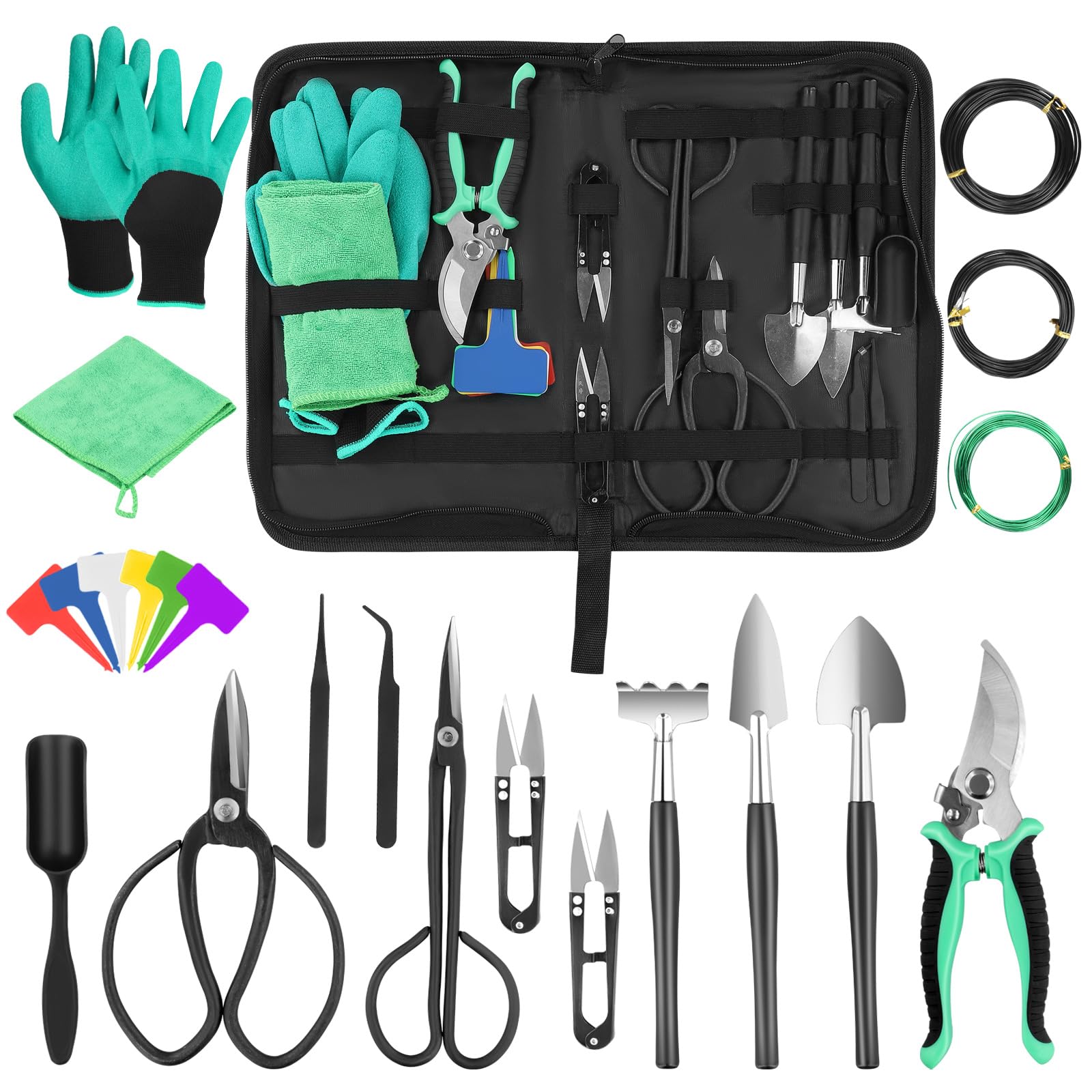 Evoloo Garden Tool Set,24PCS Carbon Steel Indoor Outdoor Plant Trimming Tool Kit,Gardening Bonsai Tools Set with Carry Bag,Gardening Hand Tool Gift Kit Mini Transplanting Tools,Garden Gift