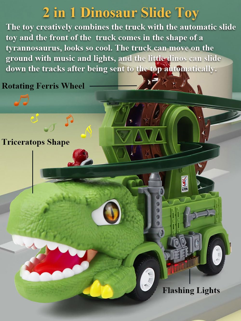 2-in-1 Light-Up Dino Truck Toy Set – Motorized Ferris-Wheel Ramp & Stunt Car, Music LED Effects, STEM Take-Apart Build Play, Dinosaur Gift for Toddlers Boys Girls Ages 3-8(Tyrannosaurus)