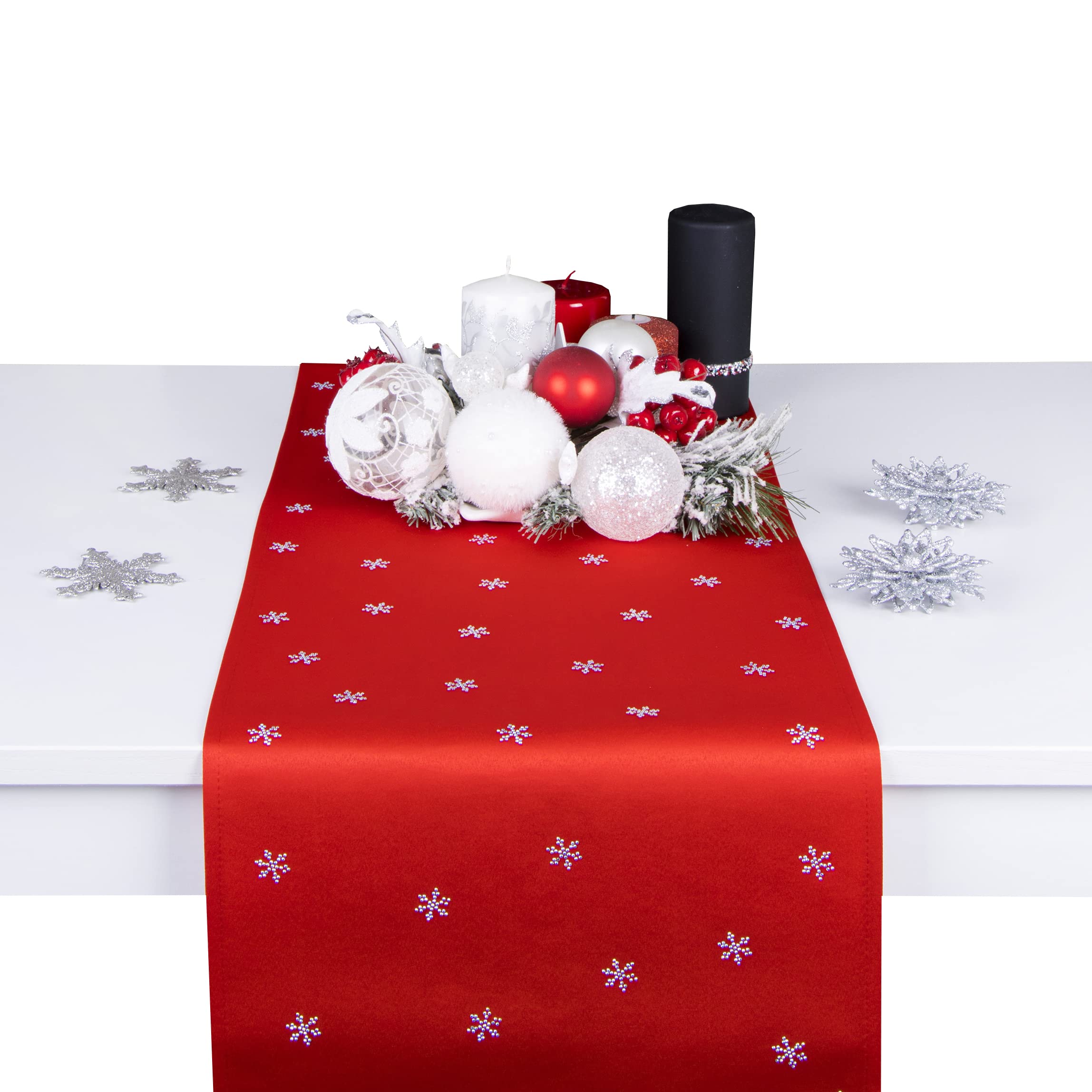 Bieżnik na Boże Narodzenie – odporna na zabrudzenia taśma na stół, 40 x 220 cm, czerwony, bieżnik bożonarodzeniowy z materiału o gramaturze 200 g/m², kryształy w kształcie płatków śniegu, wyprodukowany w UE