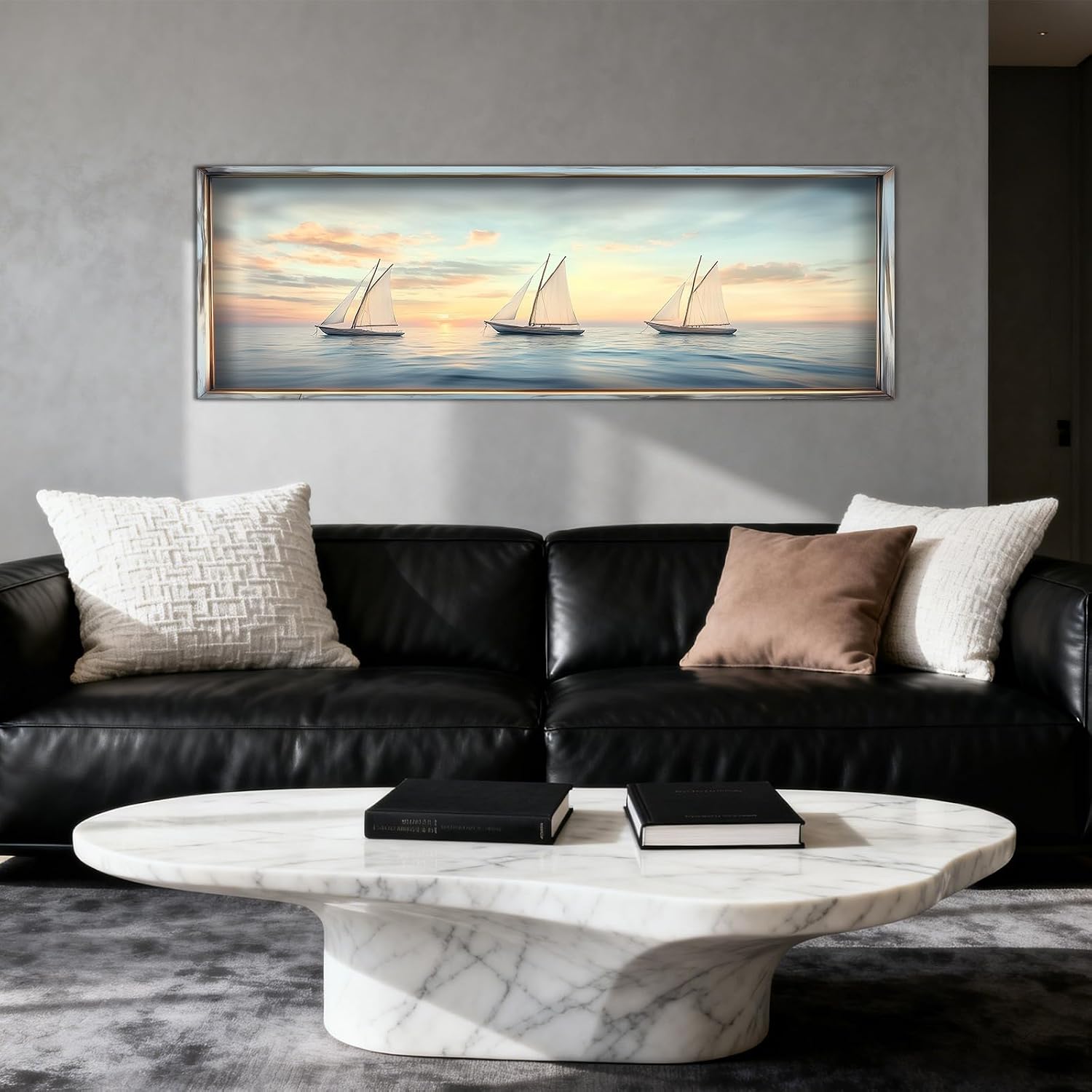 Coastal Sailboat Wall Art Sail Boat Picture Ocean Landscape Paintings Vintage Canvas Prints Seascape Artwork for Living Room Bathroom Home Decor Framed(Artwork-2,14"x42")