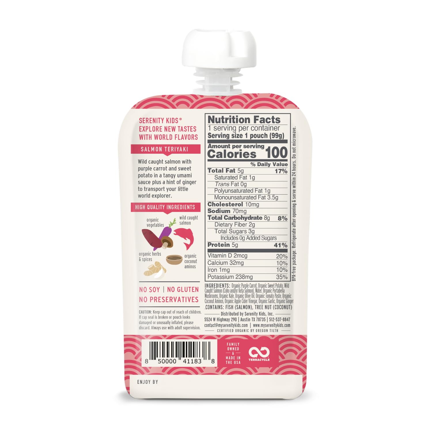 Serenity Kids 6+ Months World Explorers Baby Food Pouches Puree Made With Ethically Sourced Meats & Organic Veggies | 3.5 Ounce BPA-Free Pouch | Salmon Teriyaki | 1 Count thumbnail 2