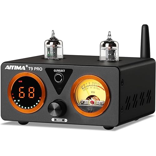 AIYIMA T9 PRO 200W Bluetooth Amplifier HiFi Digital Class D Power Amp 2.0/2.1 Channel Vacuum Tube DAC Amp with VU Meter & Bass Treble Bluetooth 5.2 Coaxial Optical PC-USB inputs (AIYIMA T9 PRO)