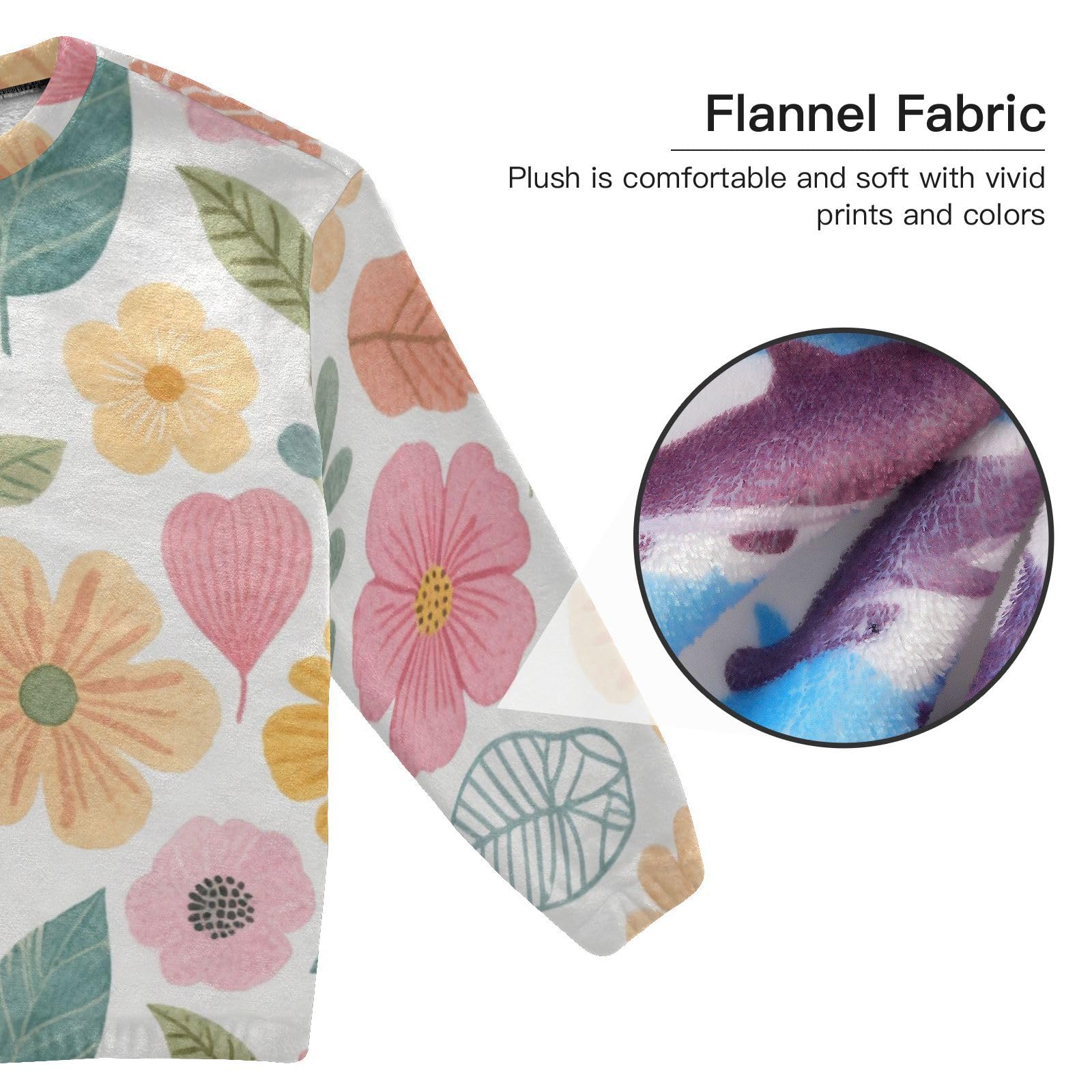 Set pigiama da donna in pile colorato con fiori retrò e pantaloni a maniche lunghe