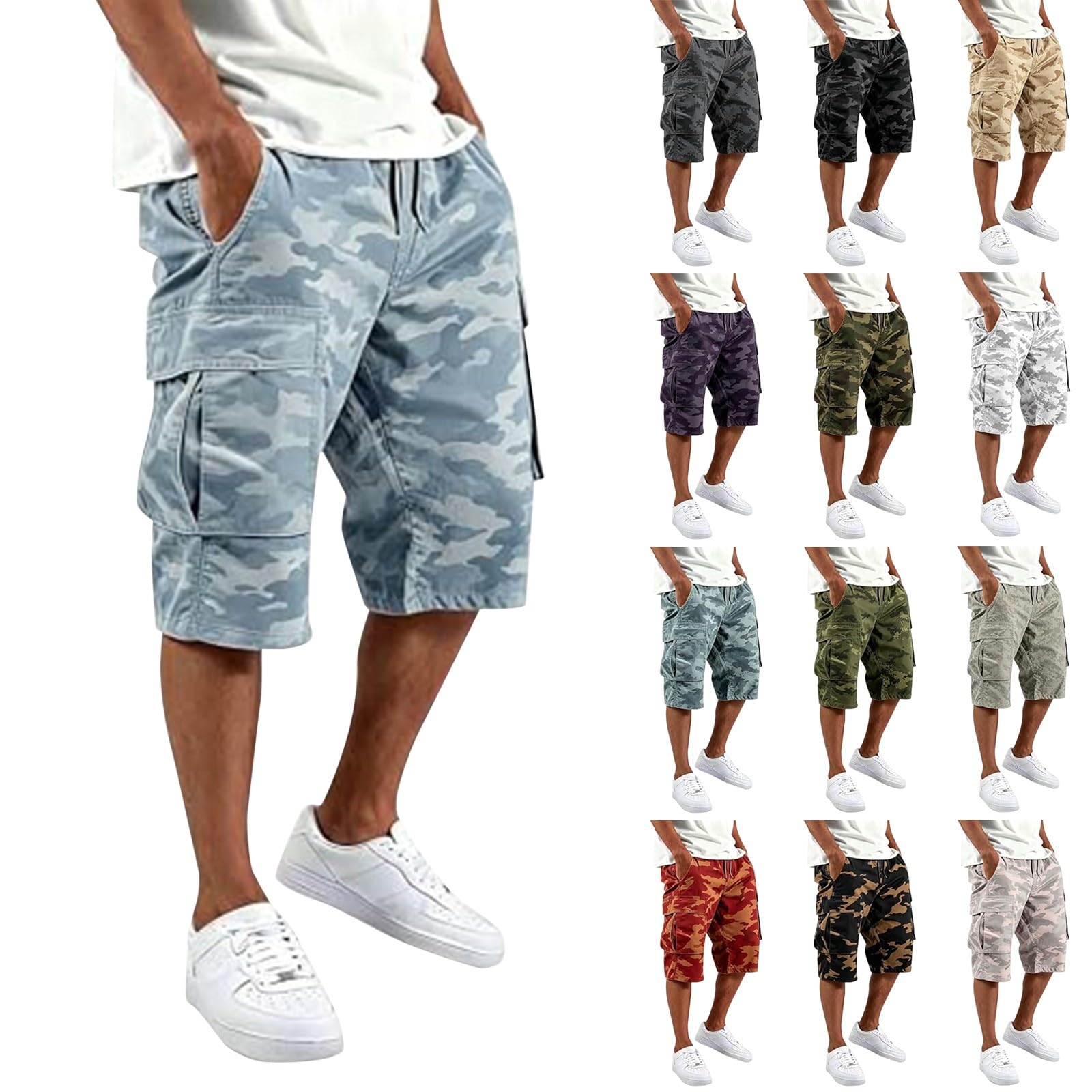 Pantaloncini cargo da uomo mimetici, da lavoro, con diverse tasche