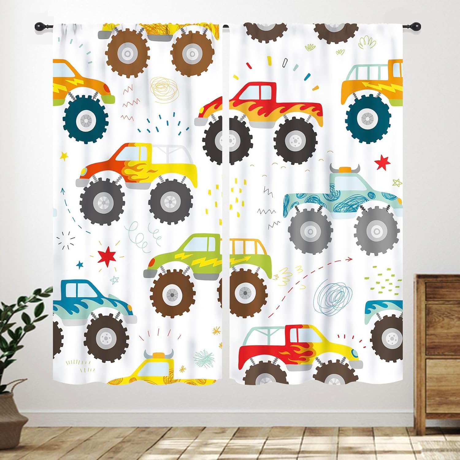 Racing Car Curtains,Cartoon 3D Fleet Racing Car Stadium Game Cool Monster Truck Window Treatments for Teen Boy Kids Bedroom Living Room Playroom Drapes2 Panels,63X63 Inch