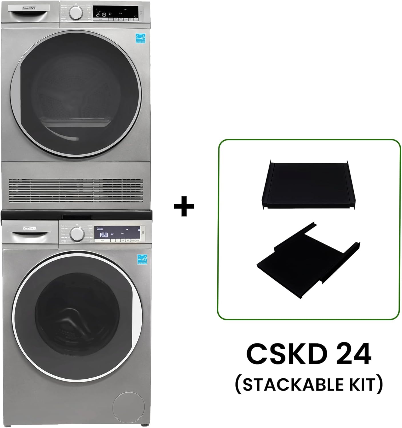 Conserv 2.2 cf 120 V Washer & 4 Cf 220V Condensing Dryer Made in Europe (Titanium + Stacking kit)
