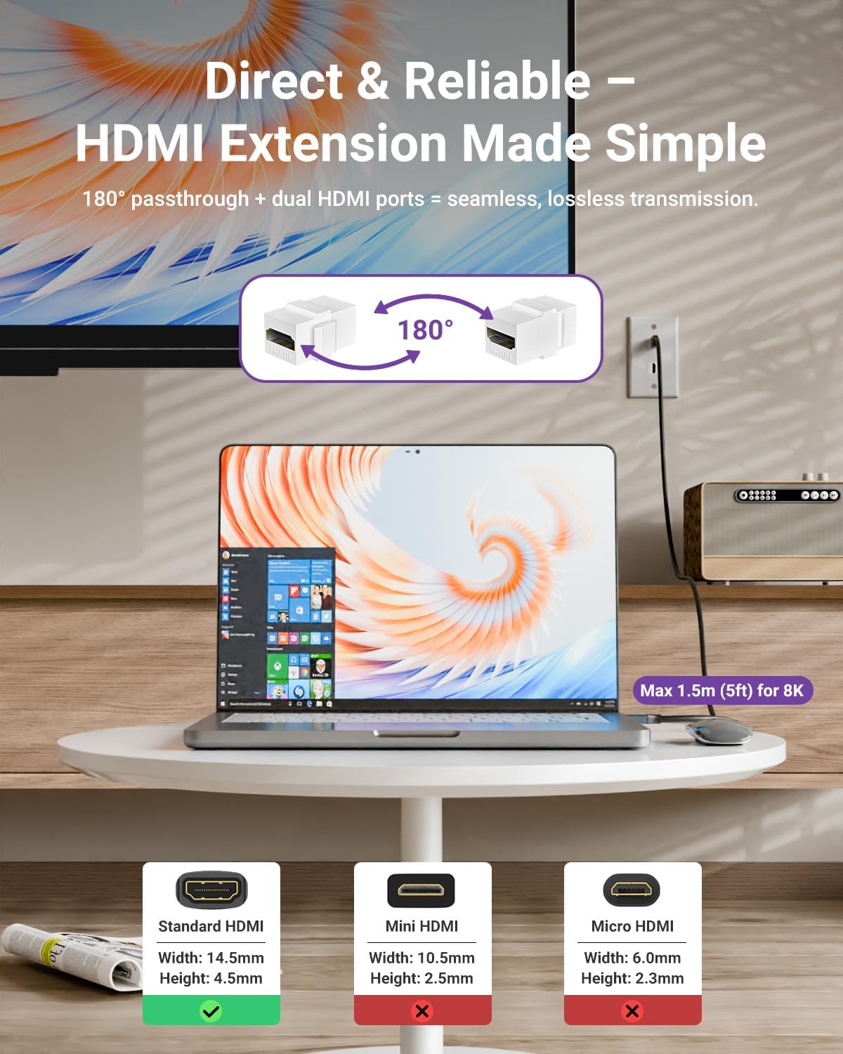 VCELINK 10-Pack 8K HDMI Keystone Jack with 8K 60Hz and 4K 120Hz, HDMI 2.1 Female to Female Adapter 48 Gbps, Snap-in 180 Degree Angle Connector for Wall Plate, Gold Plated, White