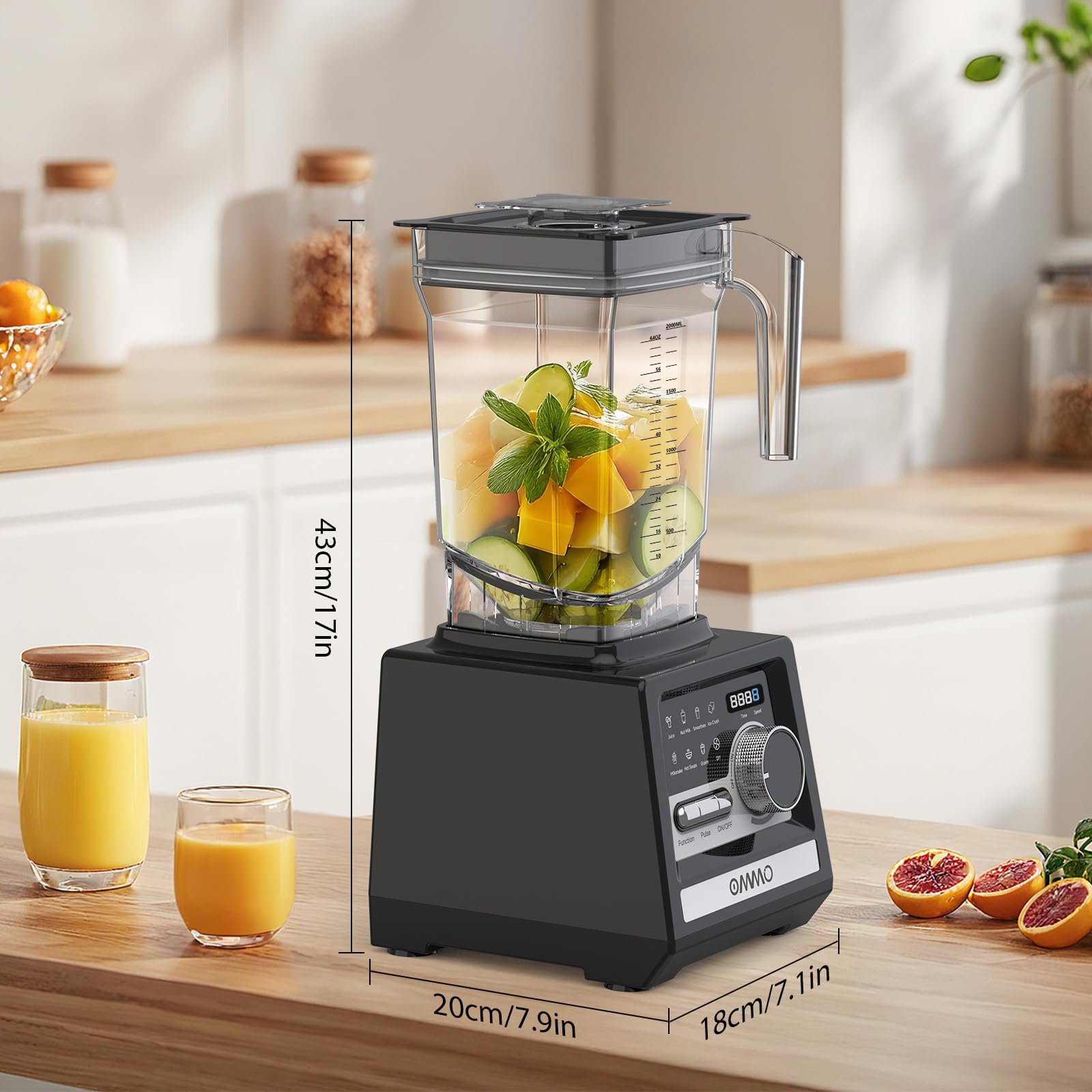 OMMO 2L Standmixer Hochleistungsmixer, Mixer Smoothie Maker mit 9 Geschwindigkeitssteuerungen für Eisbrechen, Milkshakes, Gefriergetränke und Obst, Max 1800W, BPA Frei