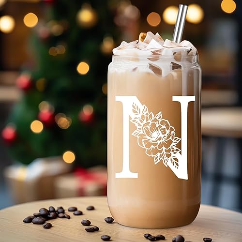 Miniatura 154 de Coolife Vaso de vidrio con inicial, regalos con monograma para mujer, tazas de vidrio de 16 onzas con tapas y pajitas, vaso de cerveza para batido