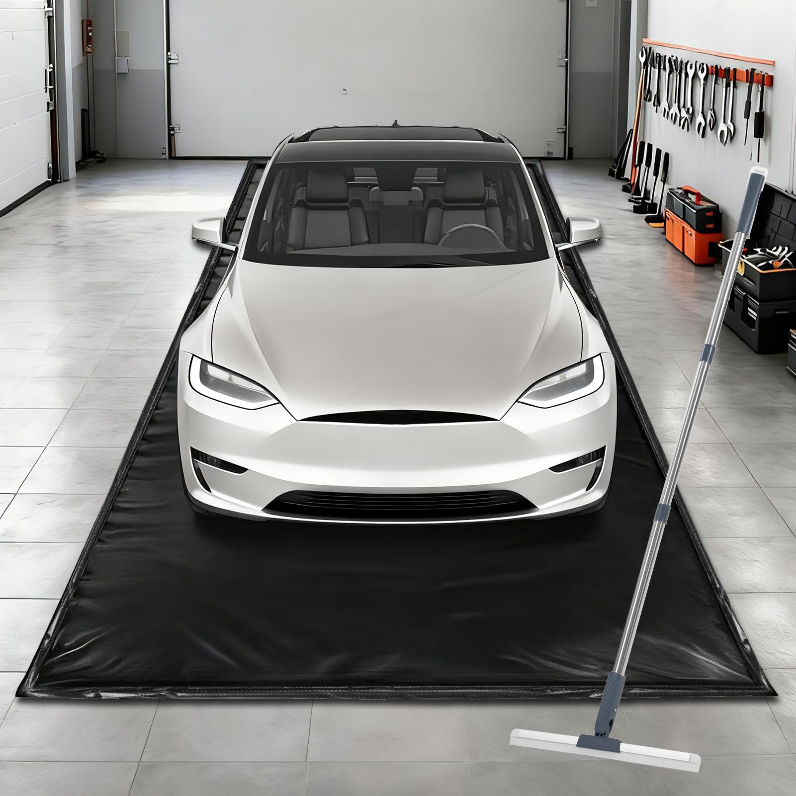 UEAKPIC Garage Floor Mat 7'9" x 18', Heavy Duty 1300D PVC Containment Mat with Floor Squeegee, Waterproof Protection from Snow, Rain and Mud for Cars,