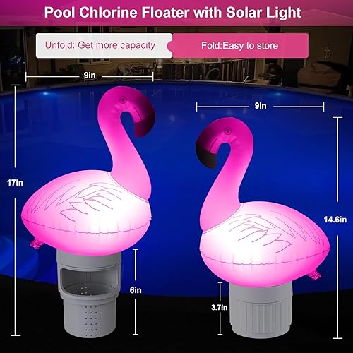 Miniatura 3 de Uekars Flotador de cloro para piscina con luz solar, dispensador inflable de cloro flotante de flamenco para pestañas de cloro de 4 x 3 pulgadas,