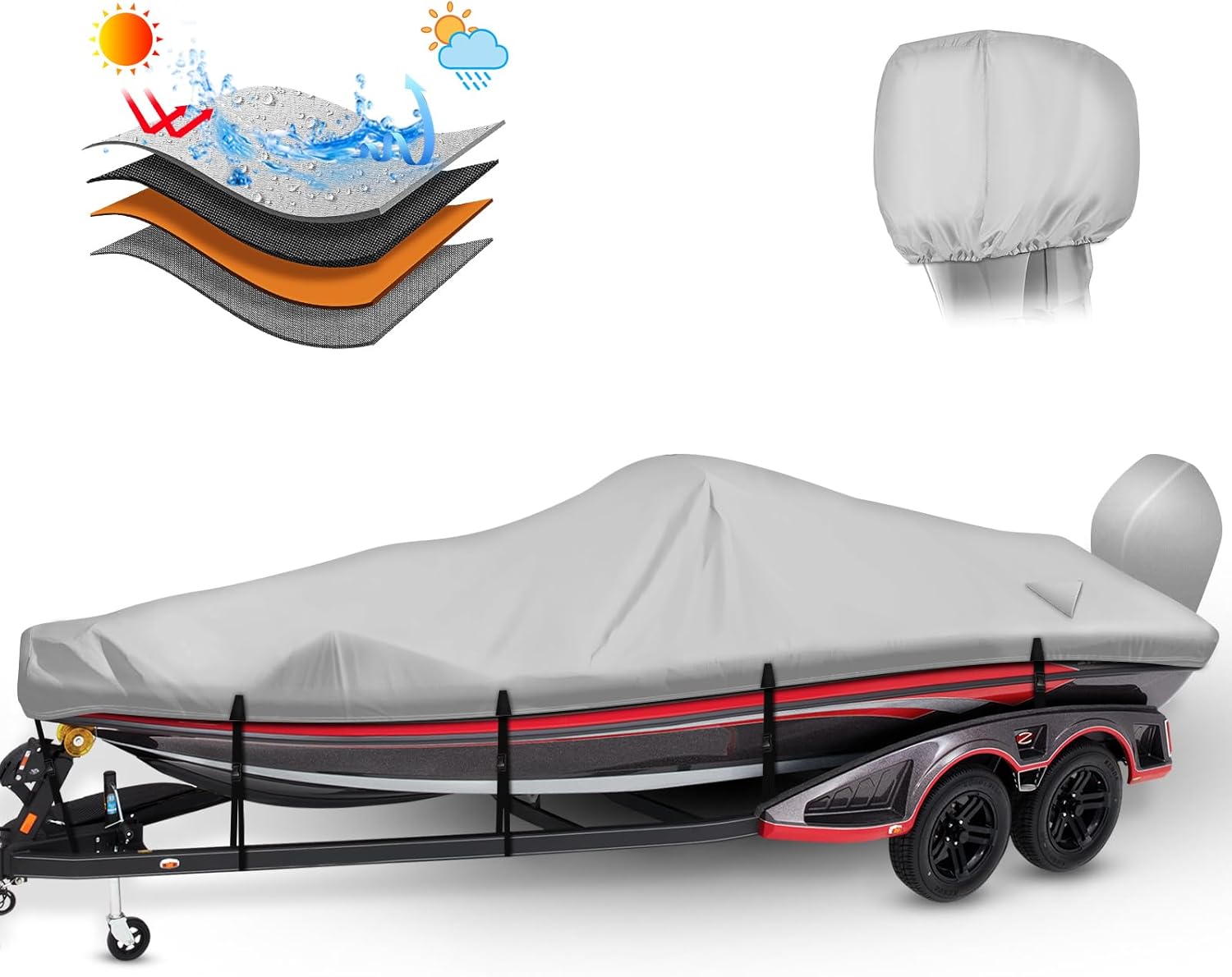 Boat Cover,Heavy Duty 600D Waterproof Boat Covers 16-18.5ft with Motor Cover Fits Bass,V-Hull,Tri-Hu,Runabout Boat,Gray Gray Length: 16'-18.5', Beam Width: up to 94"
