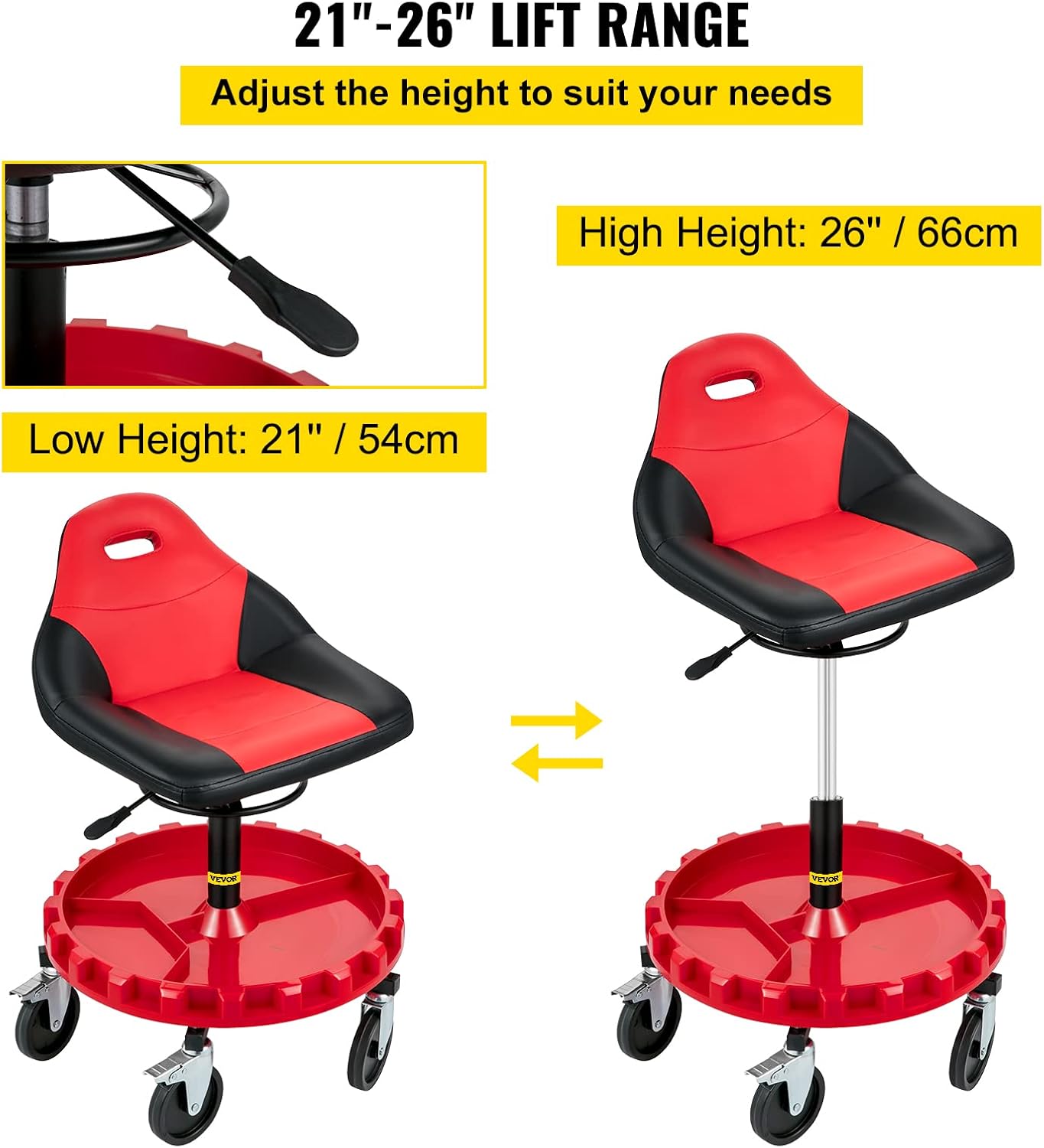 VEVOR Rolling Garage Stool, 300LBS Capacity, 21"-26" Adjustable Height Range, Mechanic Seat with Swivel Casters and Tool Tray, for Workshop, Auto Repair Shop, Red