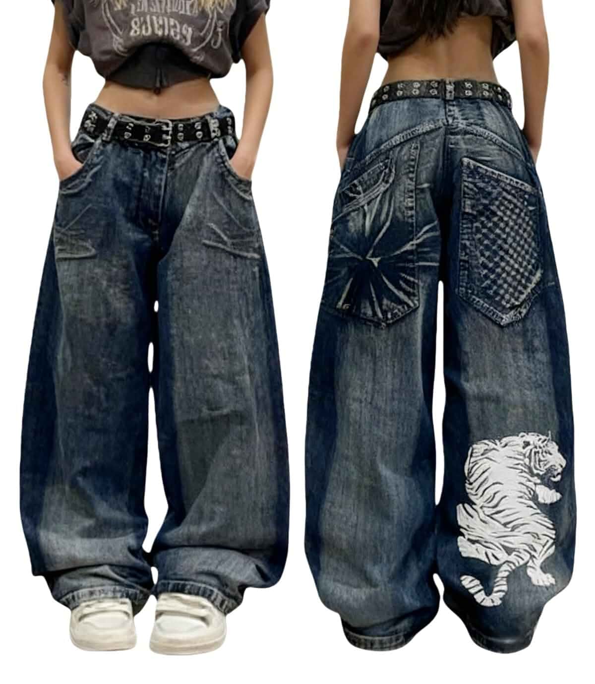 Unisex Y2K Hip Hop Baggy Wide Leg Jeans Skeleton Tiger Dragon Print Vintage Vintage Y2K baggy jeans with skeleton, tiger or dragon prints, featuring a relaxed wide leg fit for everyday hip hop style.