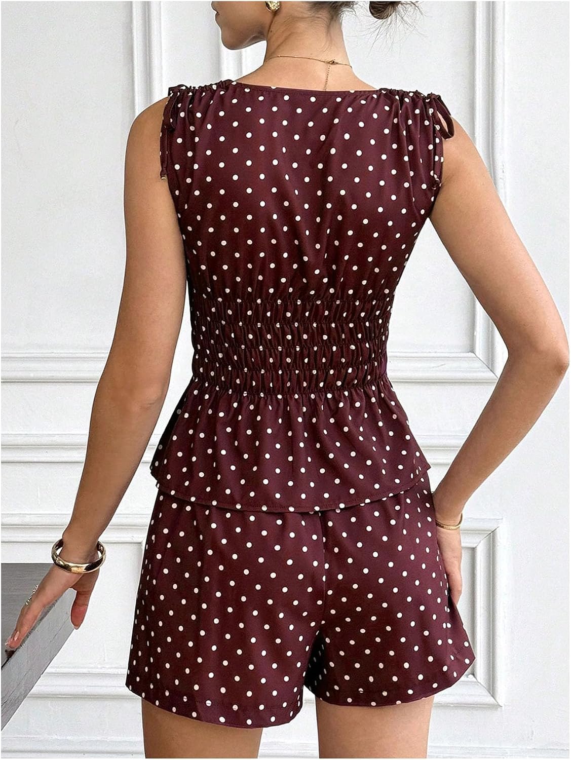 GORGLITTER Women's Polka Dots Matching Sets Sleeveless Smocked Peplum Tops and Wide Leg Shorts Summer Outfits