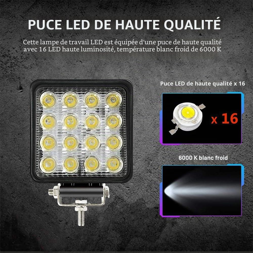 Rampe de Phare de Travail LED 10x48w 12v 24v, 28mm d'épaisseur Carré Projecteurs Lumière Feux Antibrouillard LED 6000k pour Offroad Voiture camions SUV ATV 4x4 Tracteur Bateau