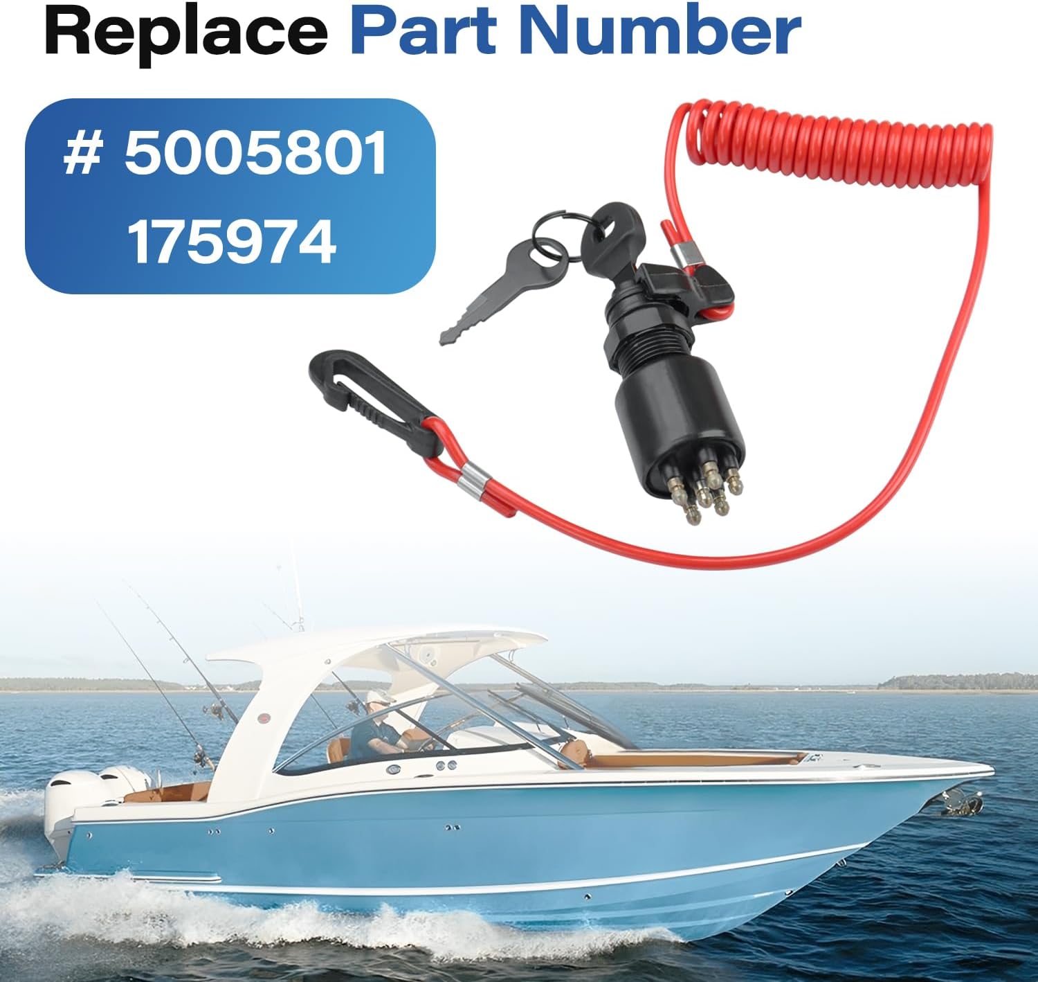 5005801 Boat Ignition Key Switch and Safety Lanyard Compatible with Johnson Evinrude OMC Outboard Motor 40-200HP Ignition Switch & Key Lanyard Assembly Replace# 175974