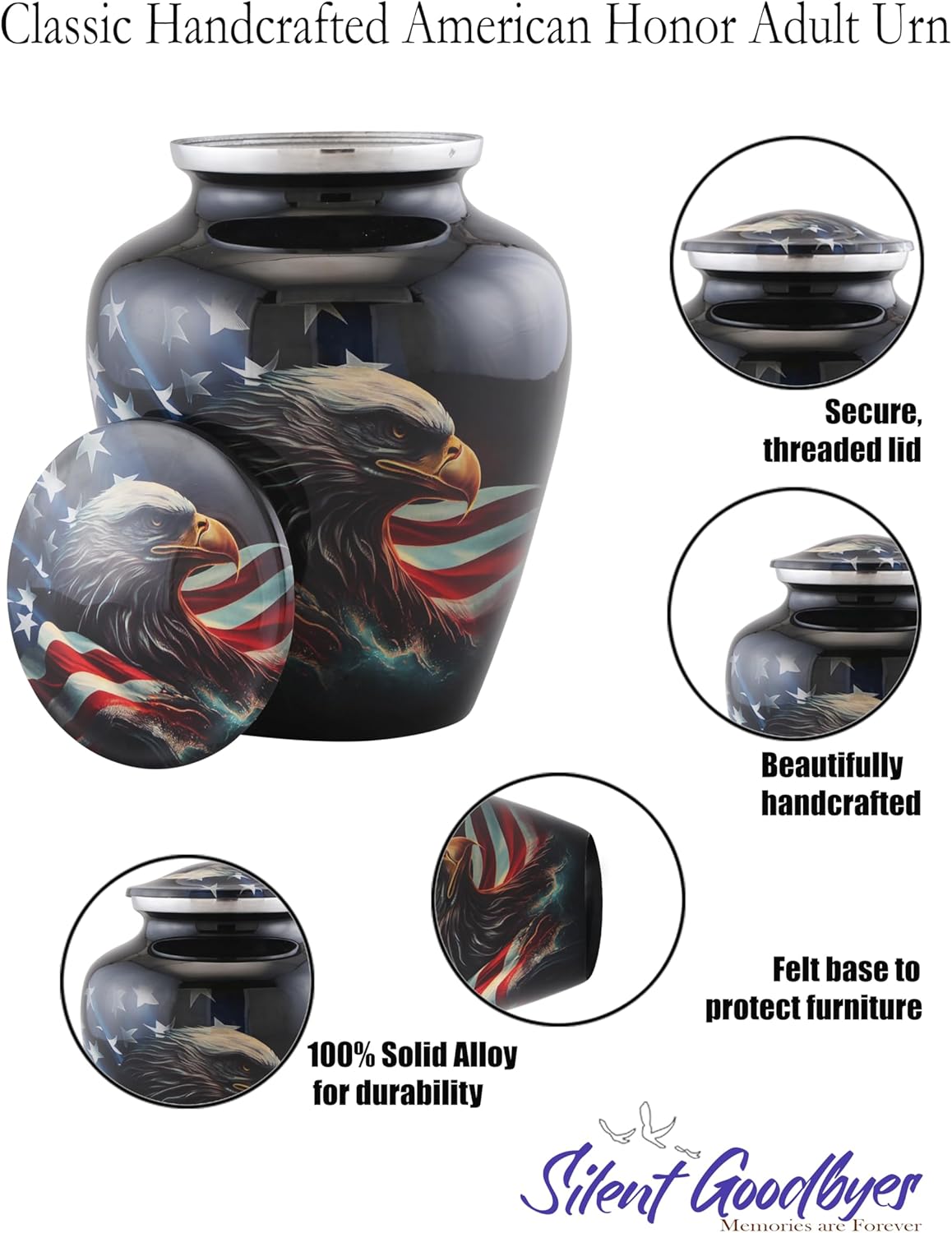 American Honor Urn - American Flag & Eagle Cremation Urns for Ashes - Adult Patriotic Urn - - Full Size Handcrafted Veteran Memorial Urns with Velvet Bag (Large) - Image 6