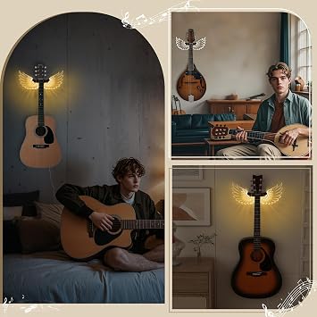CoolGift Mart Guitar Stand Wall Mount with Luminous Angel Wings, Acrylic Wooden Guitar Hanger Shelf with USB Powered, for Acoustic Electric Bass Ukulele, Gift for Music Lovers Guitar Players